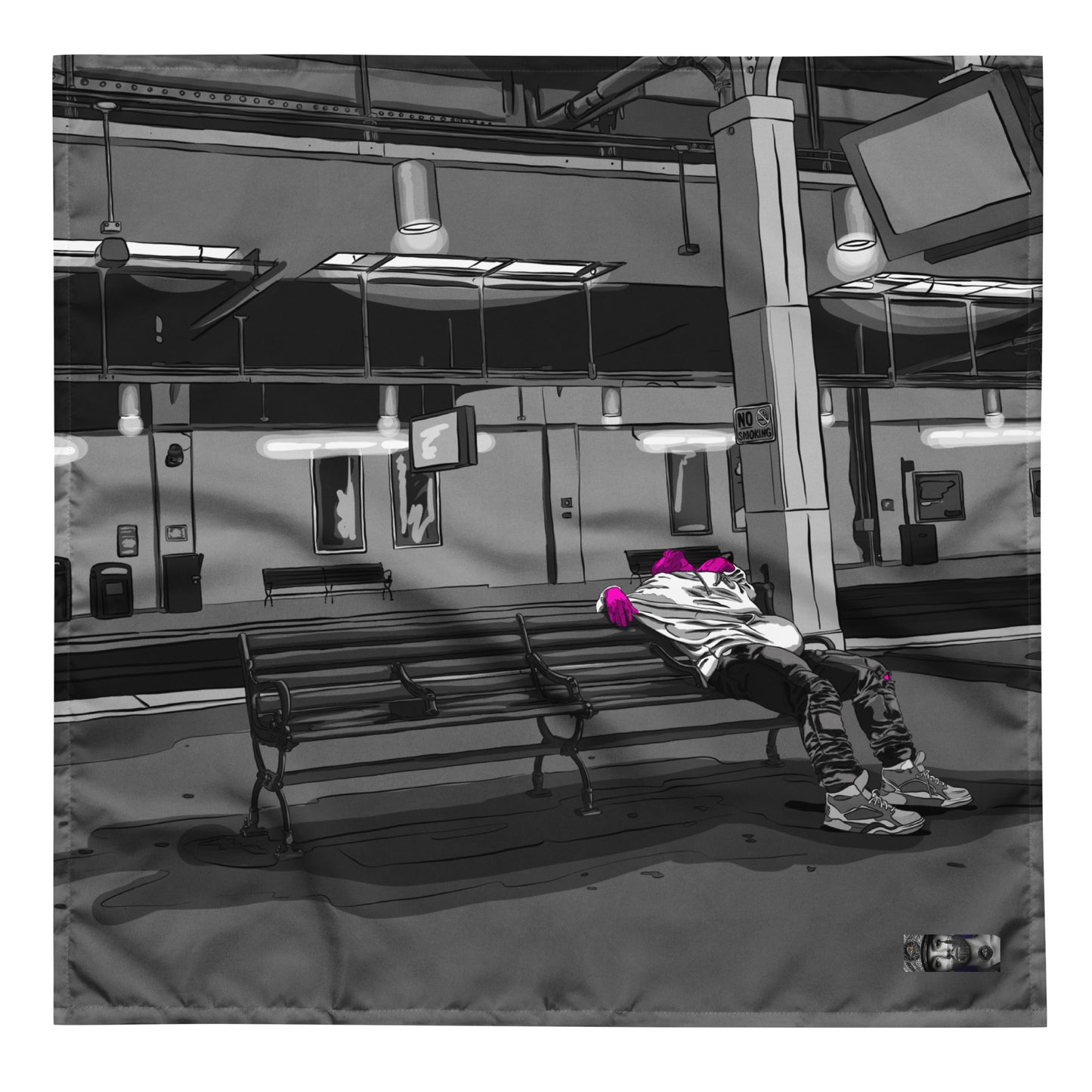 Man Sleeping on Amtrak Bench, NJ bandana