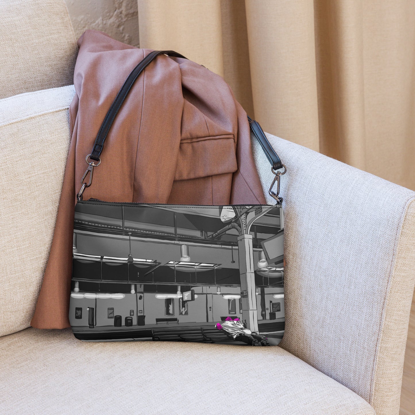 Man Sleeping on Amtrak Bench, NJ Crossbody bag