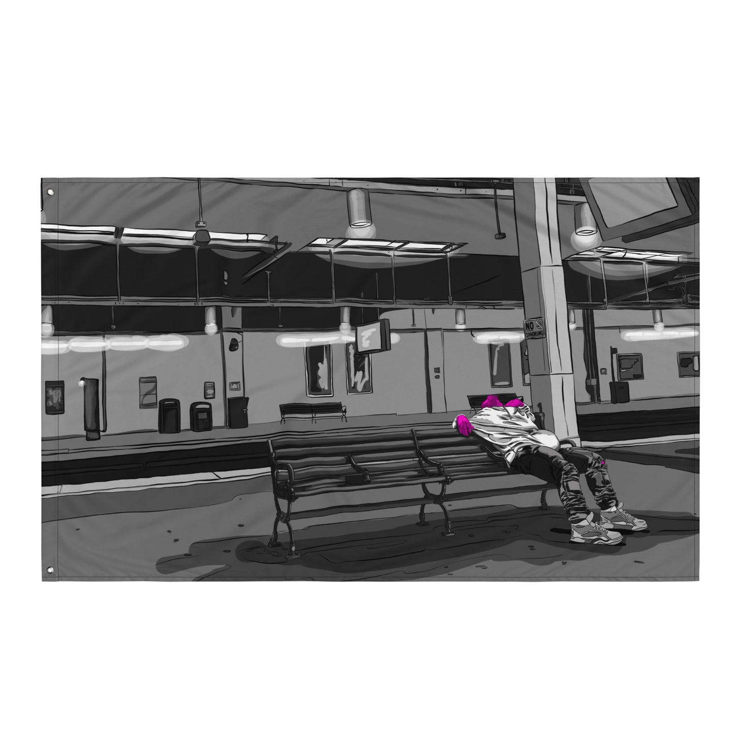 Man Sleeping on Amtrak Bench, NJ Flag