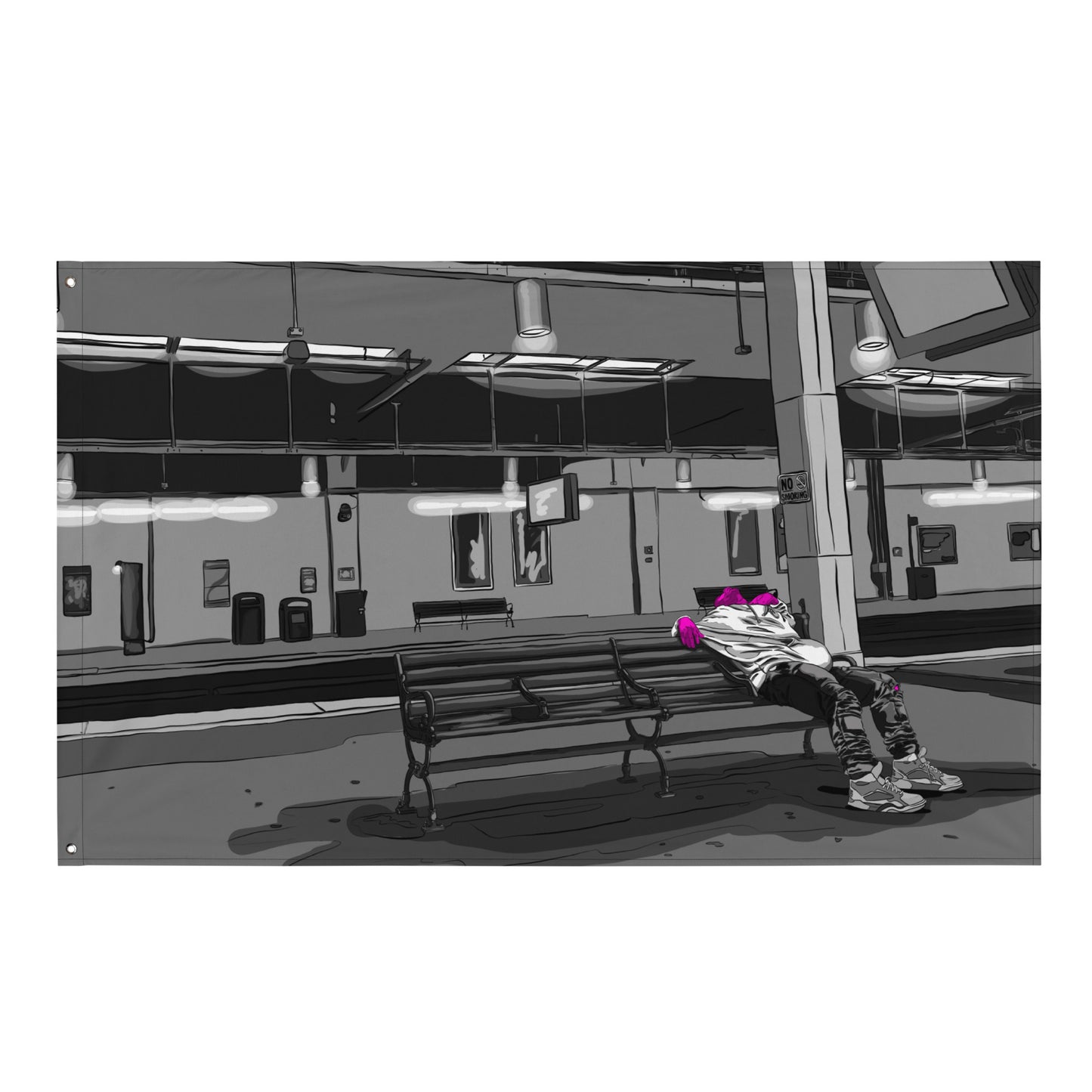 Man Sleeping on Amtrak Bench, NJ Flag