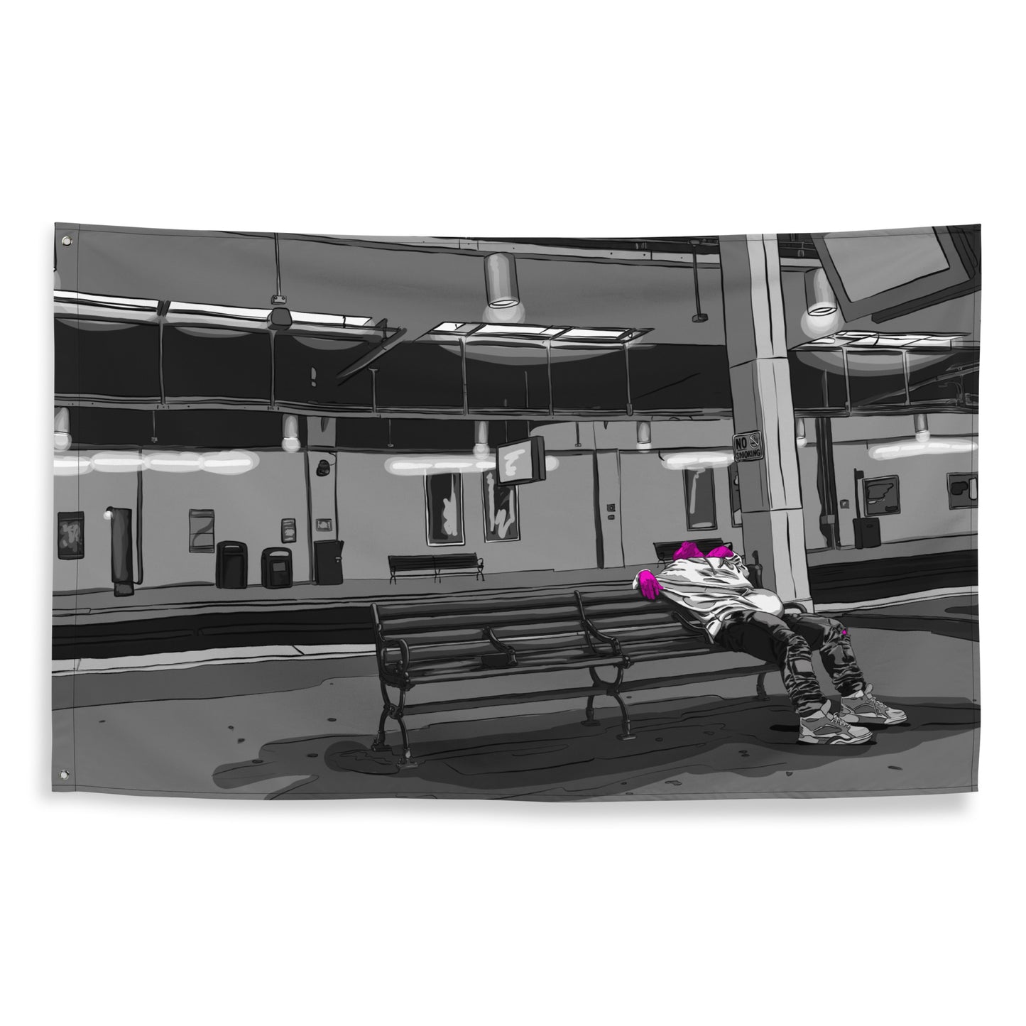 Man Sleeping on Amtrak Bench, NJ Flag