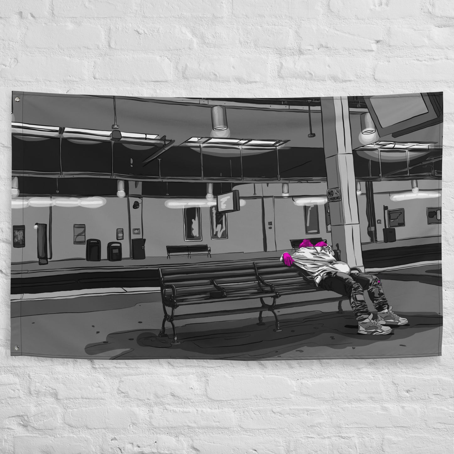 Man Sleeping on Amtrak Bench, NJ Flag