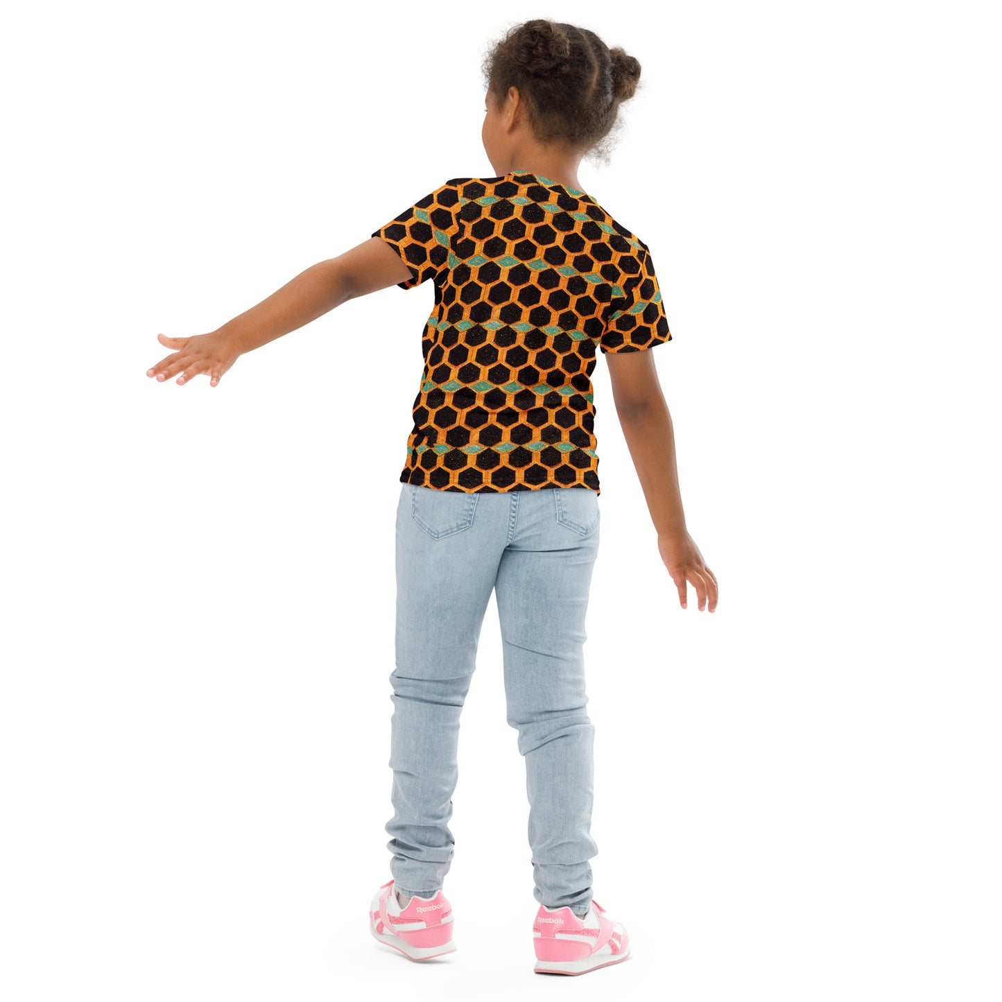 Teal and Gold Bee Bungalow Girl’s crew neck t-shirt