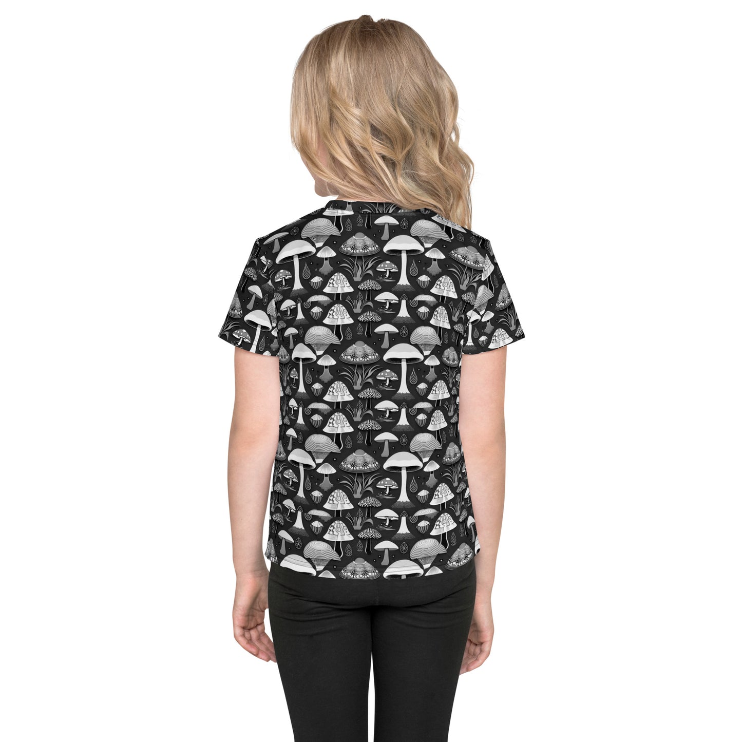 Whimsical Mushrooms in B&W Girl’s crew neck t-shirt