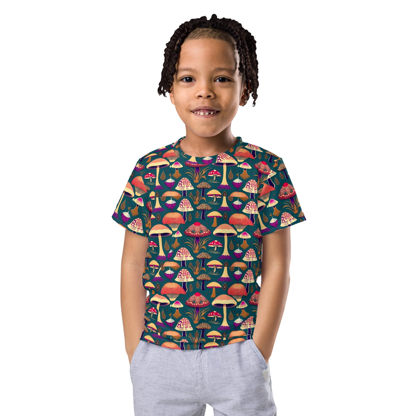 Whimsical Mushrooms on Green Kids crew neck t-shirt