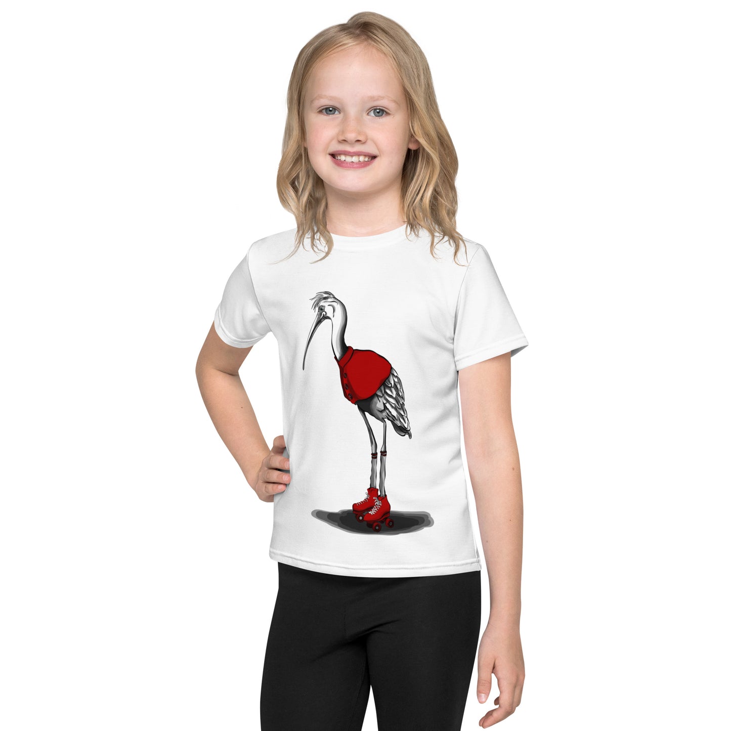 Stork with Roller Skates Kids crew neck t-shirt