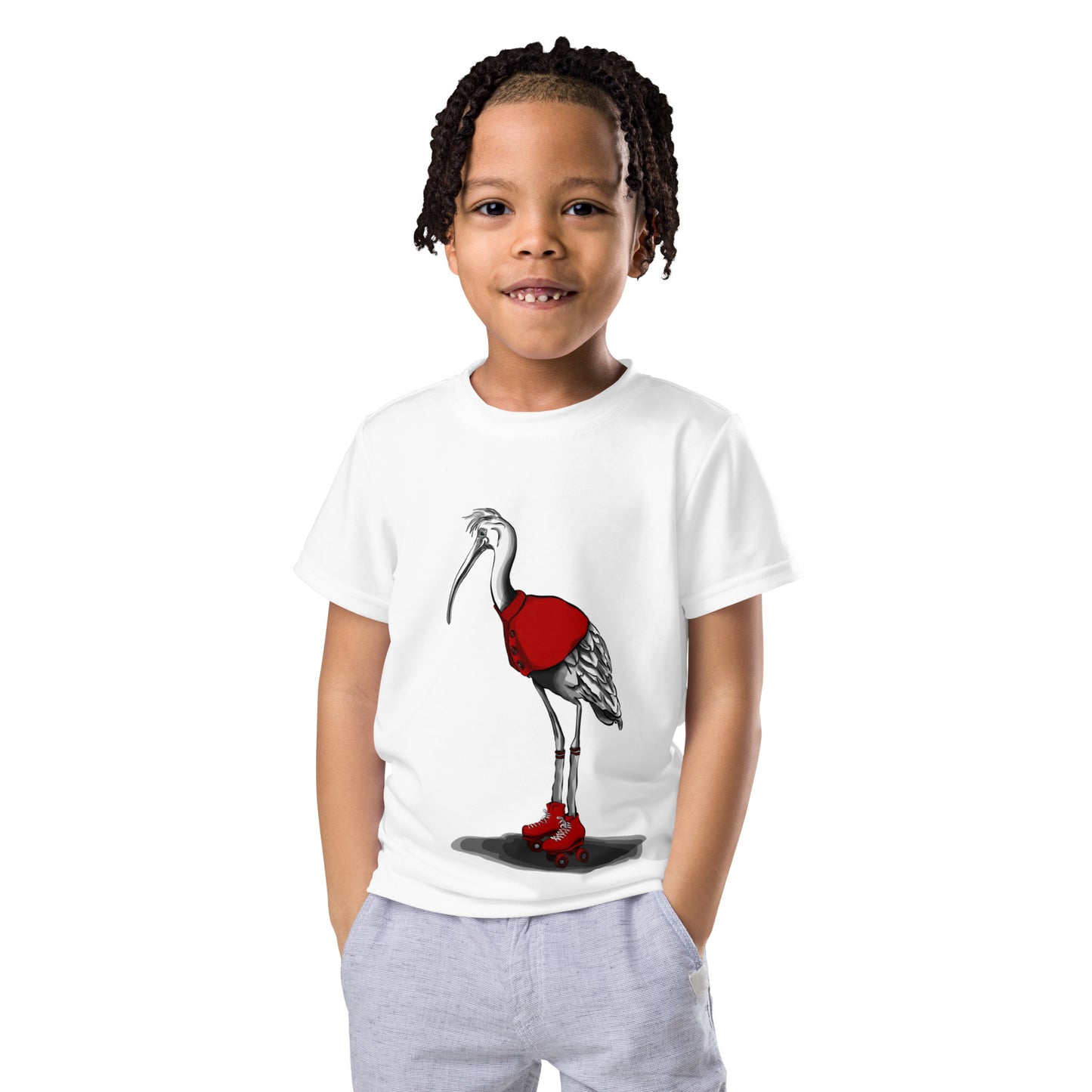 Stork with Roller Skates Kids crew neck t-shirt