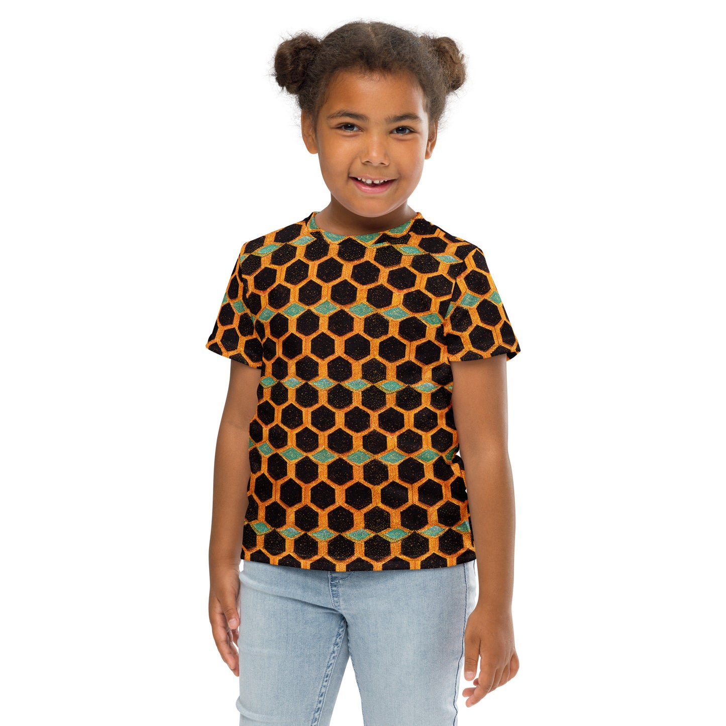 Teal and Gold Bee Bungalow Girl’s crew neck t-shirt