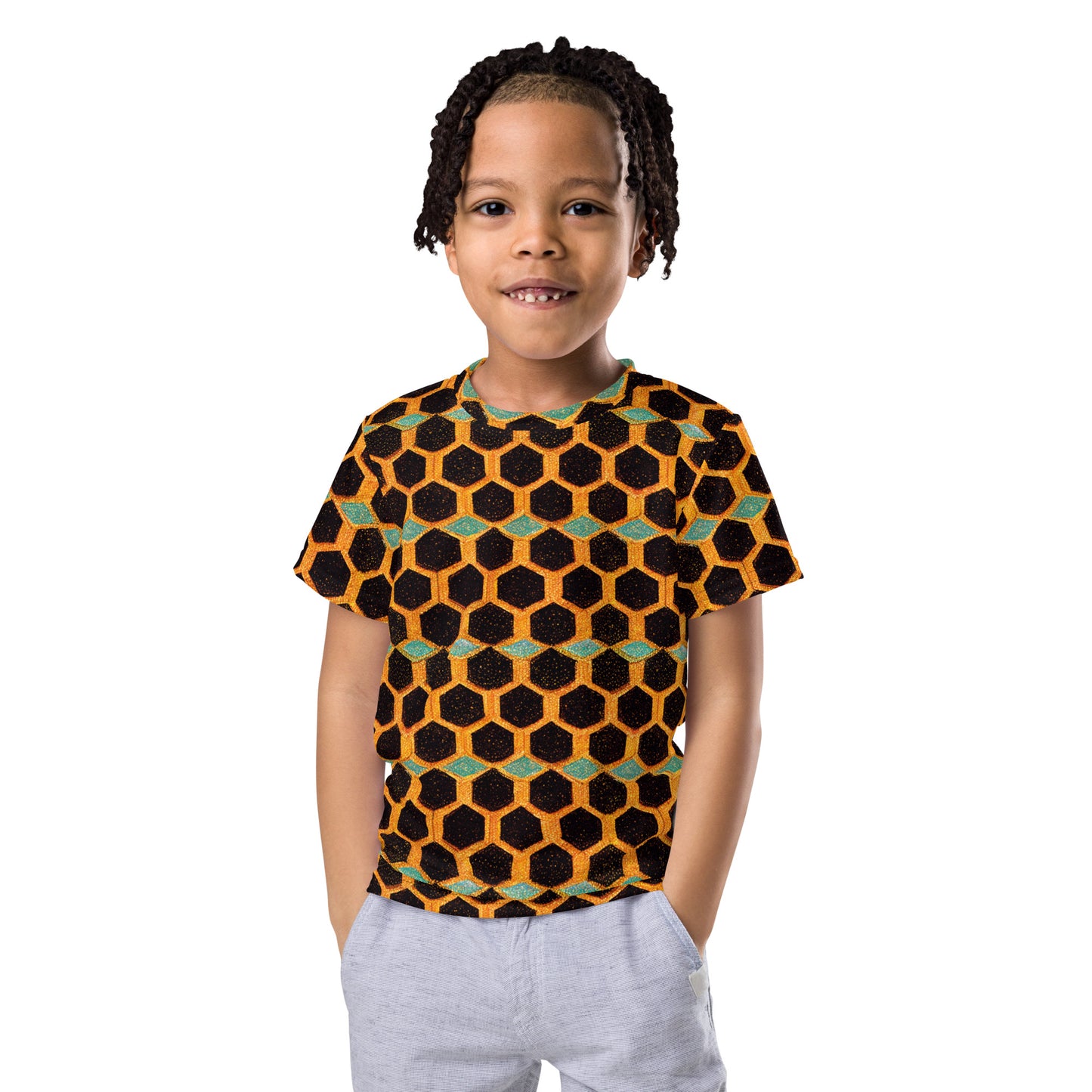 Teal and Gold Bee Bungalow Boy’s crew neck t-shirt