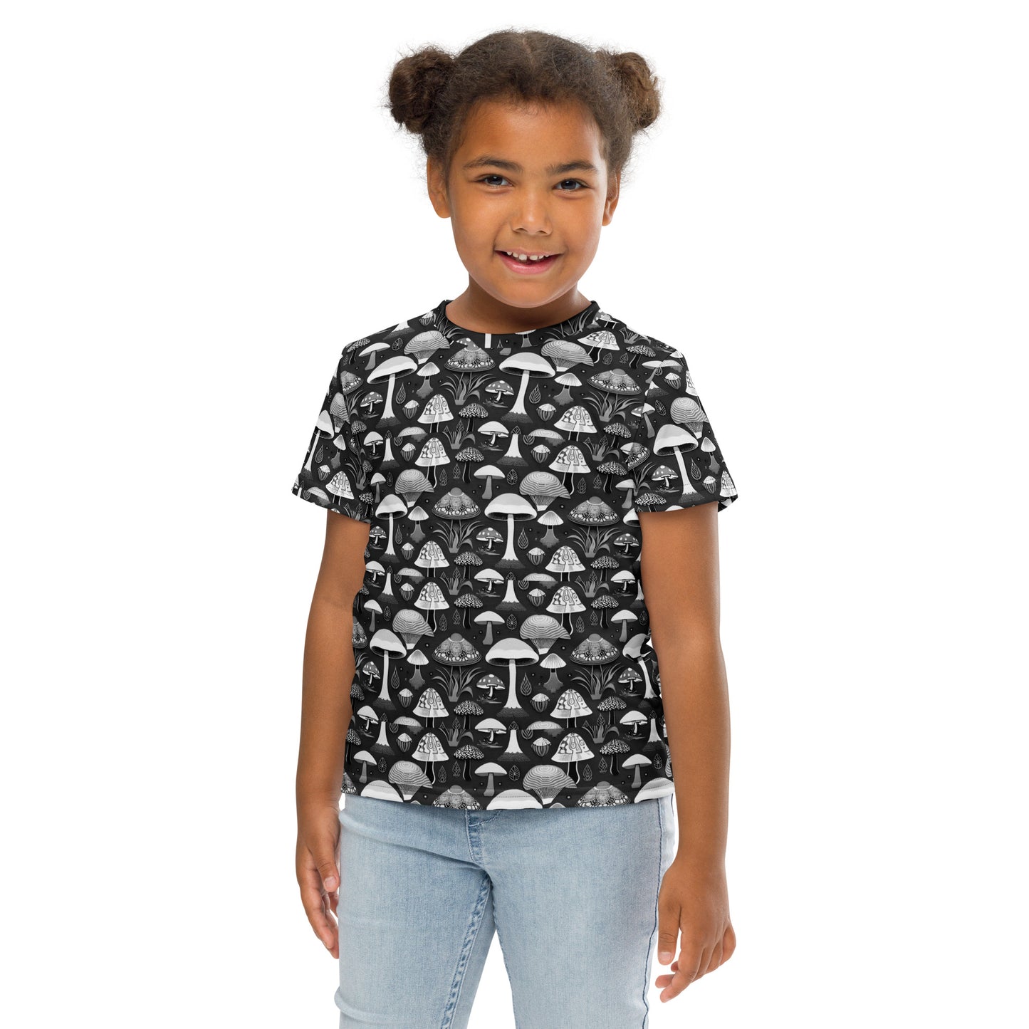 Whimsical Mushrooms in B&W Girl’s crew neck t-shirt