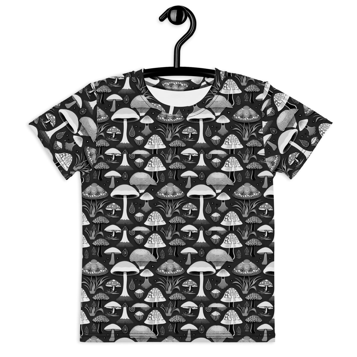 Whimsical Mushrooms in B&W Girl’s crew neck t-shirt