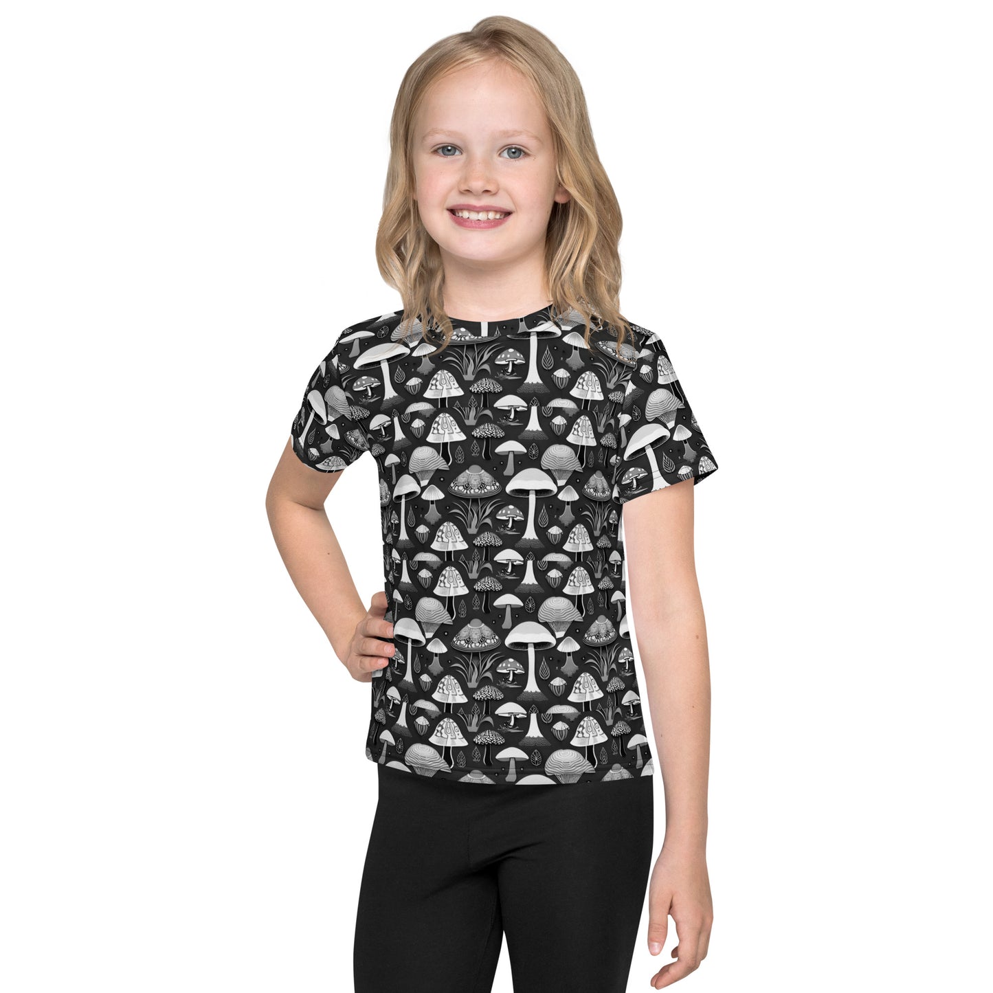 Whimsical Mushrooms in B&W Girl’s crew neck t-shirt