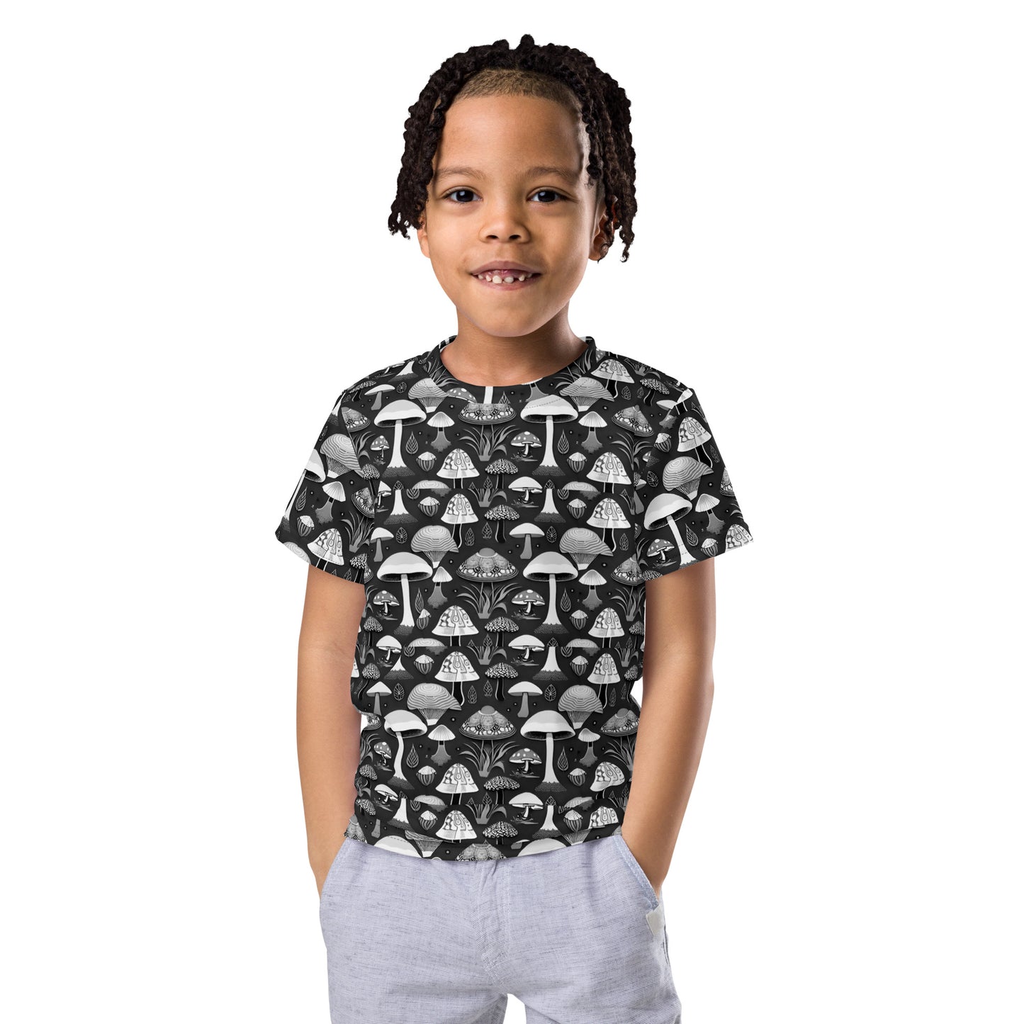 Whimsical Mushrooms in B&W Boy’s crew neck t-shirt