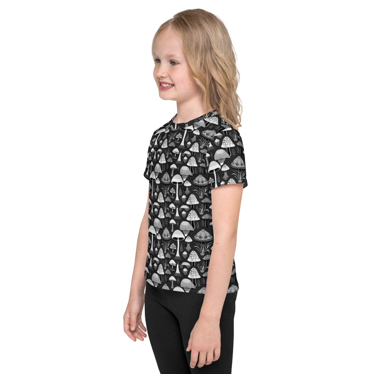 Whimsical Mushrooms in B&W Girl’s crew neck t-shirt