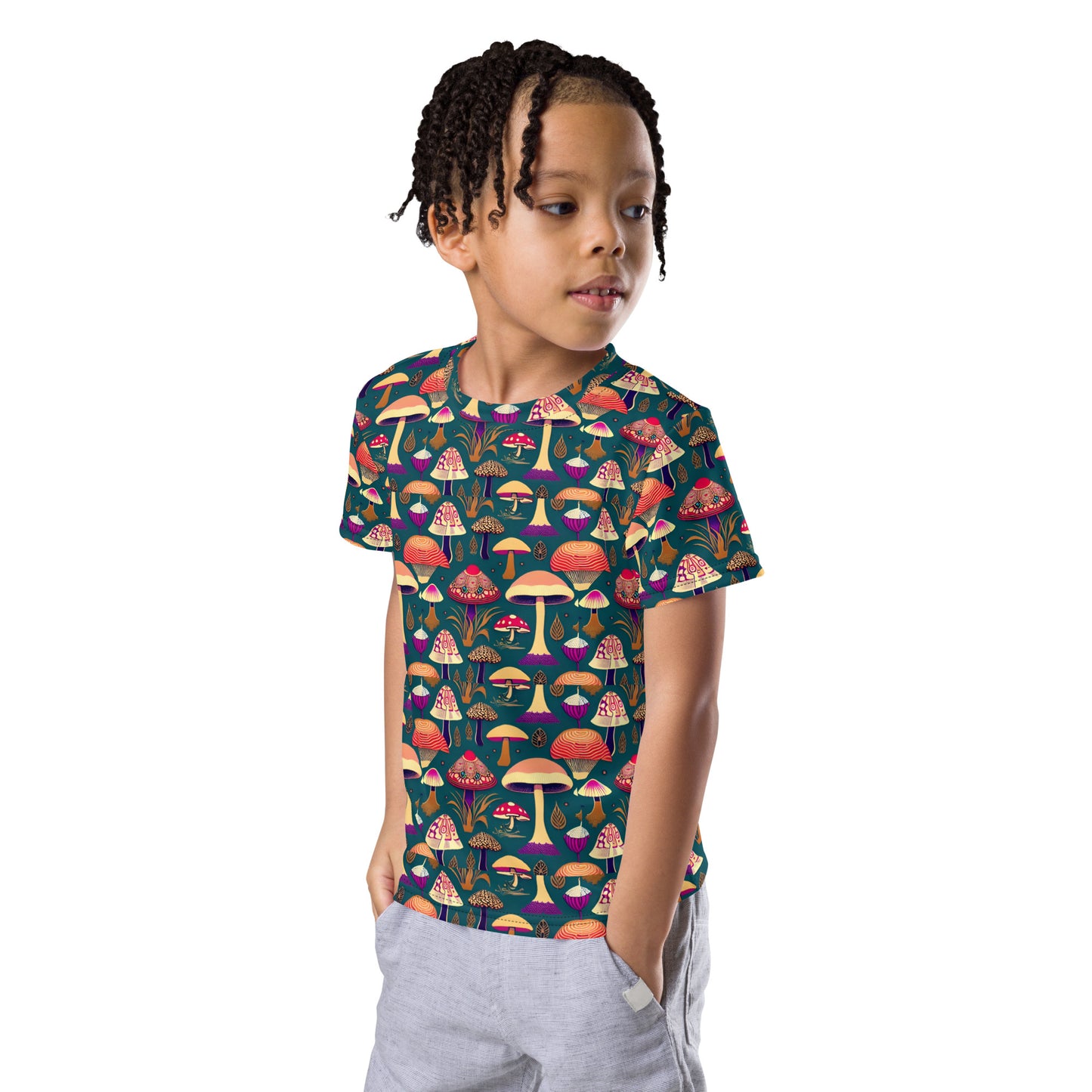 Whimsical Mushrooms on Green Kids crew neck t-shirt