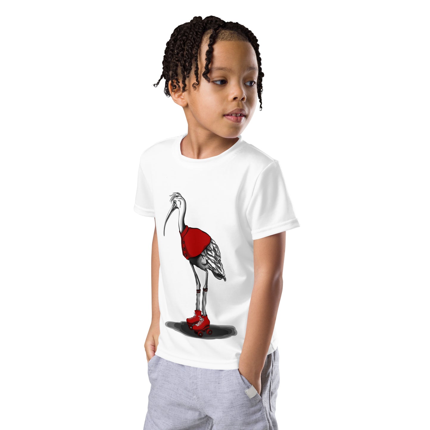 Stork with Roller Skates Kids crew neck t-shirt