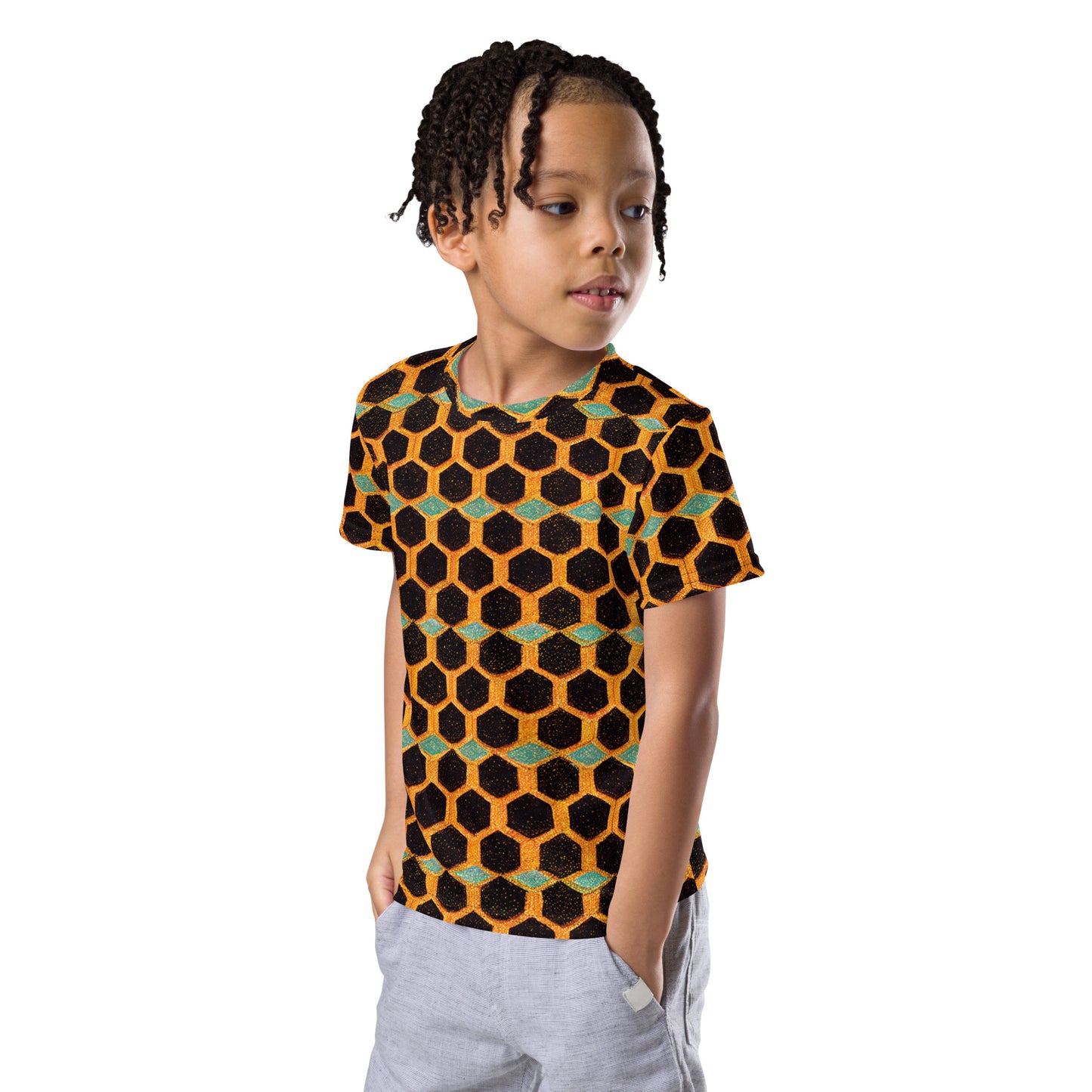 Teal and Gold Bee Bungalow Boy’s crew neck t-shirt