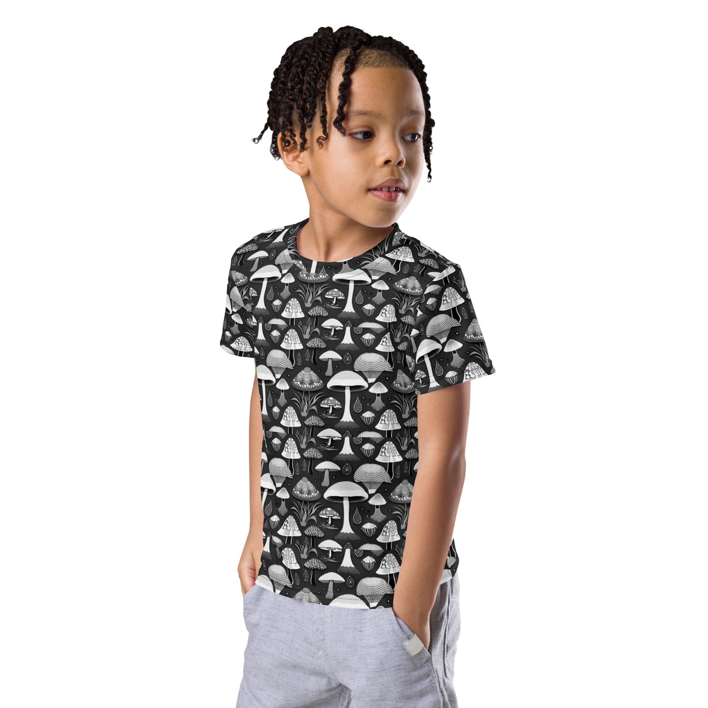 Whimsical Mushrooms in B&W Boy’s crew neck t-shirt