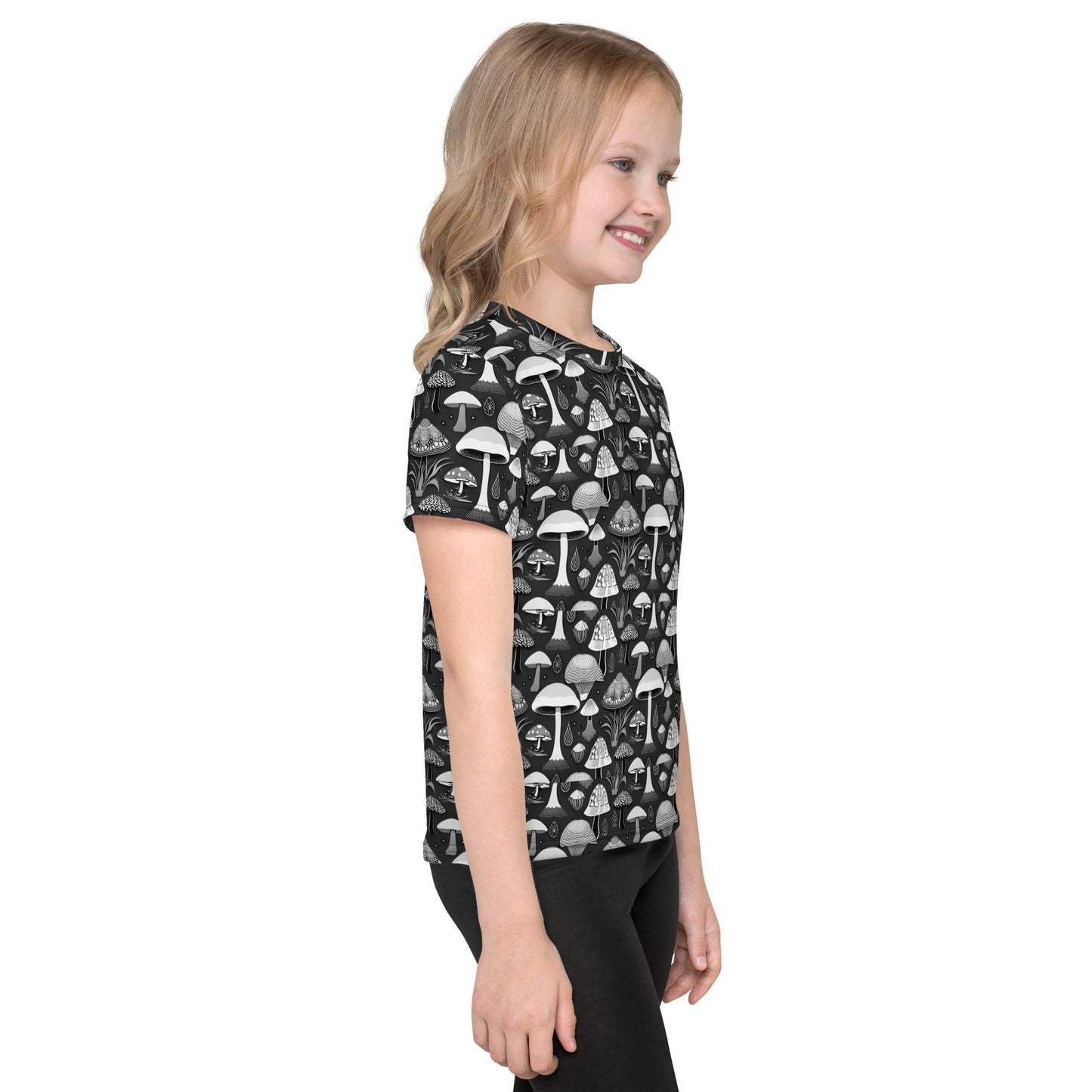 Whimsical Mushrooms in B&W Girl’s crew neck t-shirt