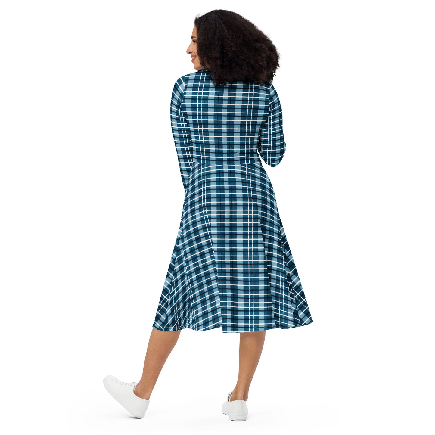 Scotsman’s Skyward Plaid long sleeve midi dress