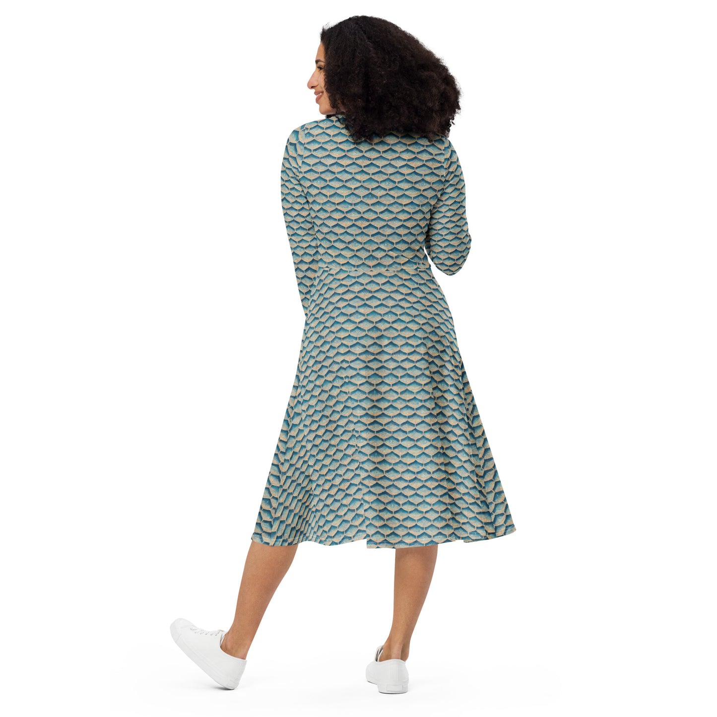 Seafoam Scales long sleeve midi dress