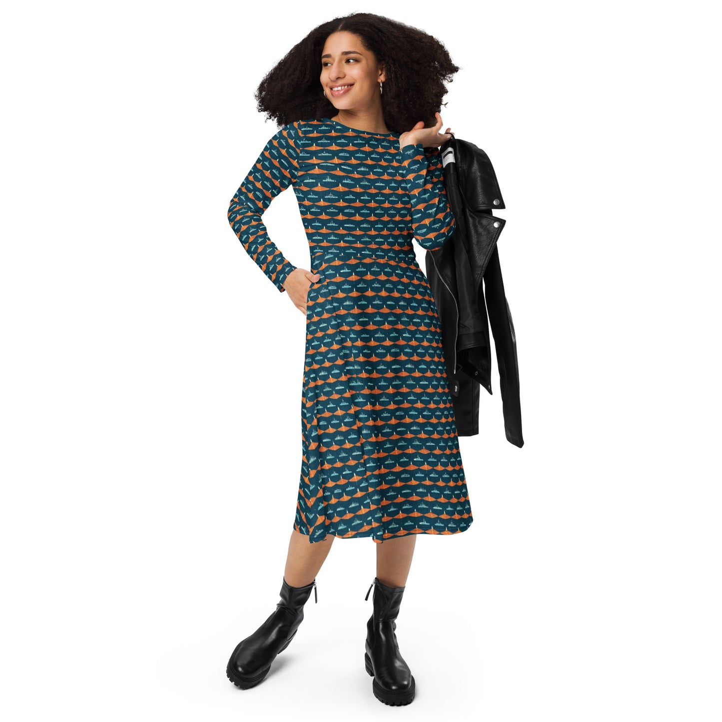 Mariners Melody long sleeve midi dress