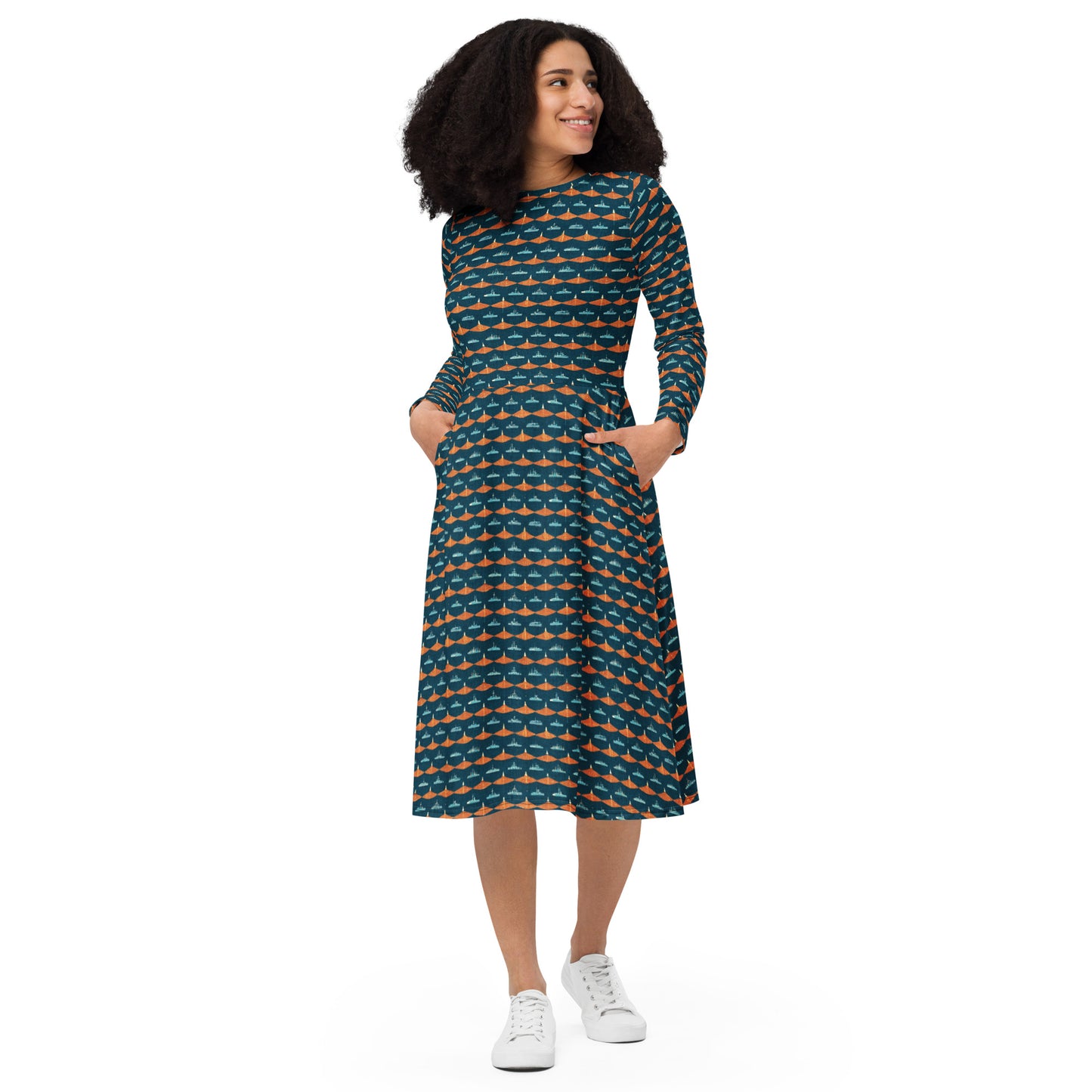 Mariners Melody long sleeve midi dress