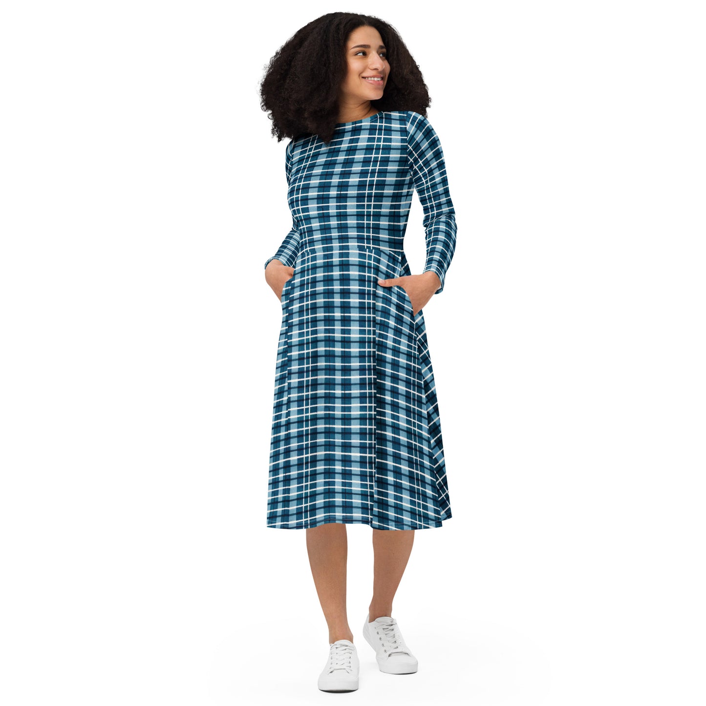 Scotsman’s Skyward Plaid long sleeve midi dress