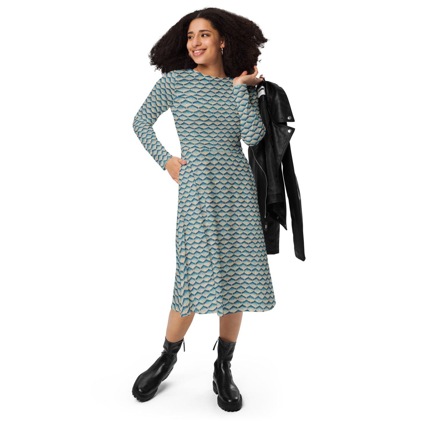 Seafoam Scales long sleeve midi dress