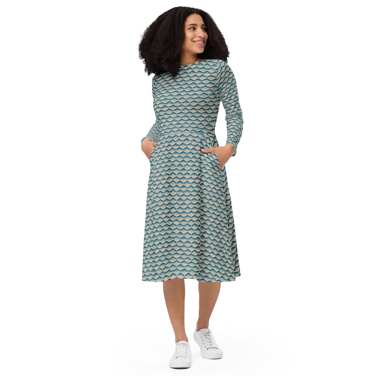 Seafoam Scales long sleeve midi dress