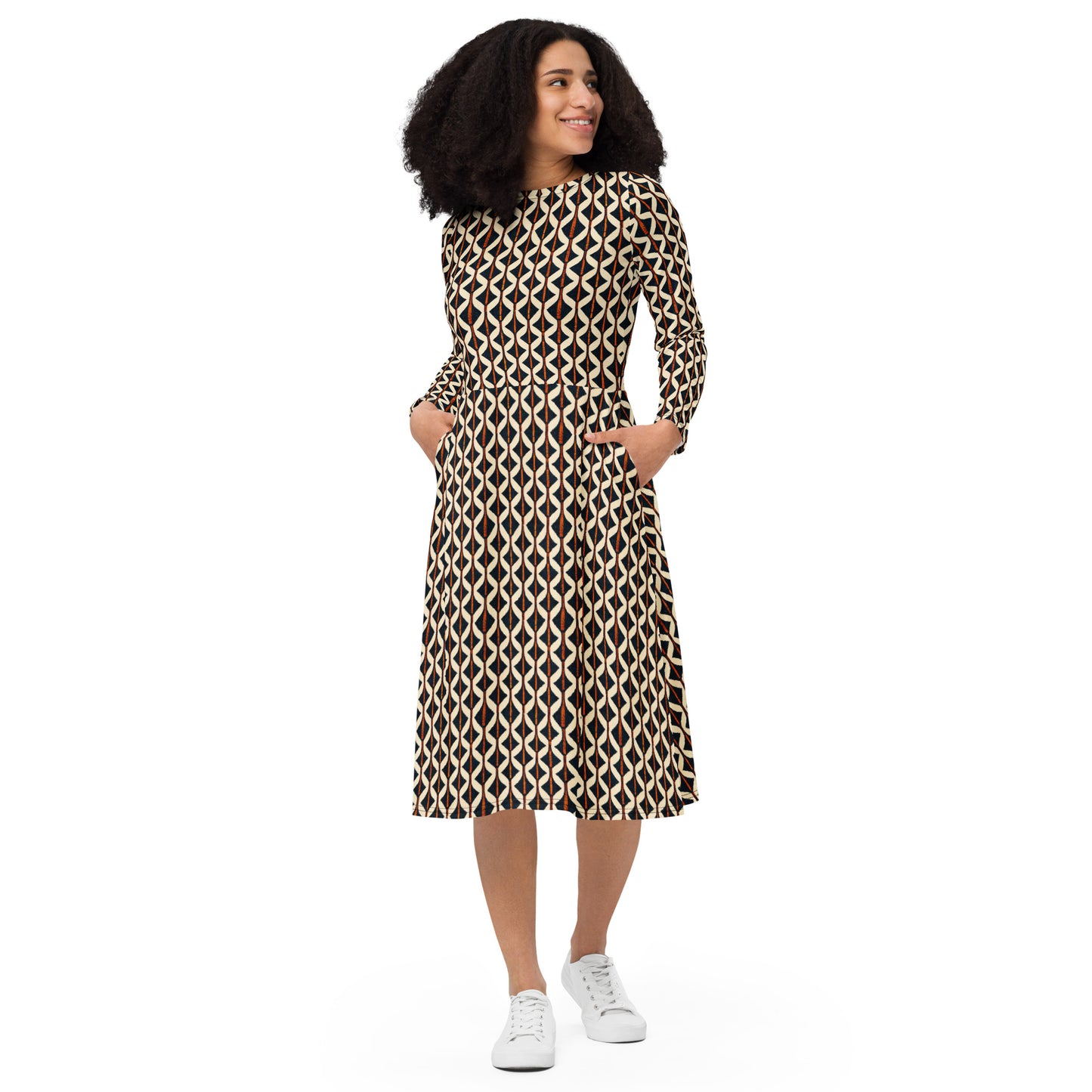 Tribal Tones In Harmony long sleeve midi dress