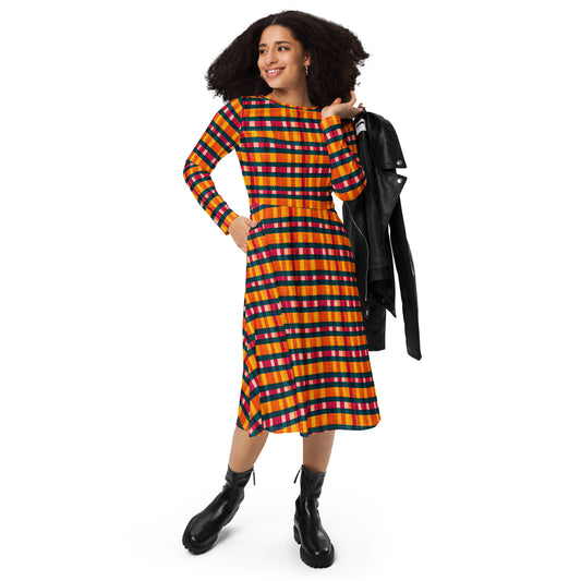 Tropical Fiesta Plaid long sleeve midi dress