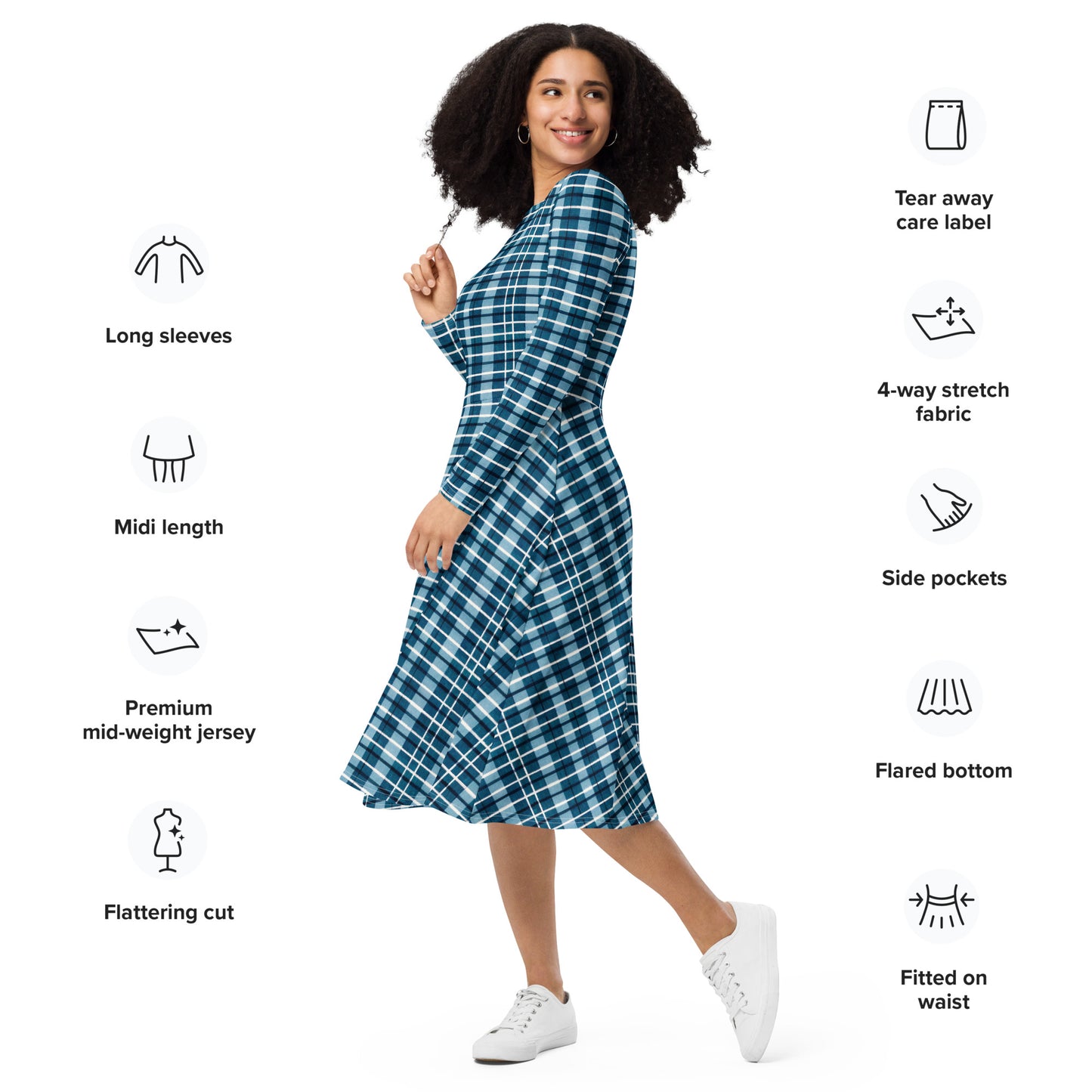 Scotsman’s Skyward Plaid long sleeve midi dress