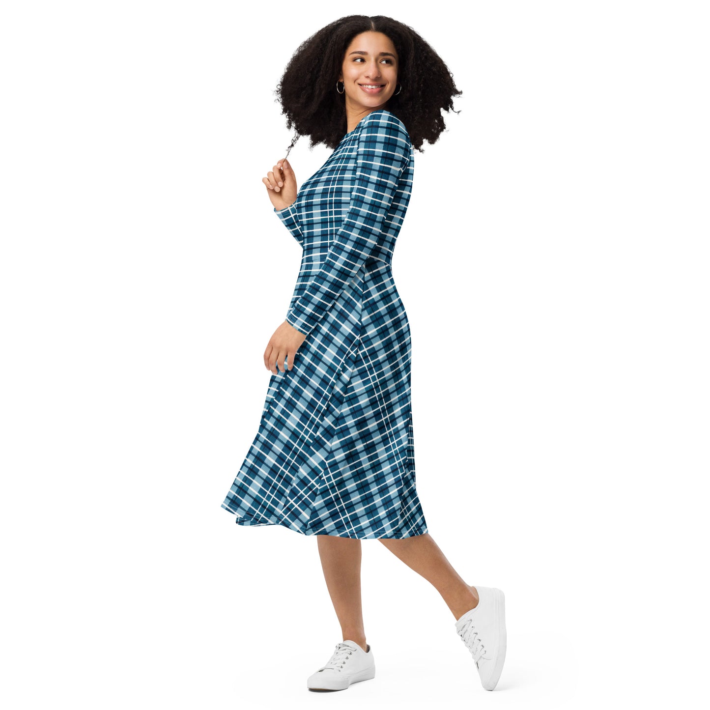 Scotsman’s Skyward Plaid long sleeve midi dress