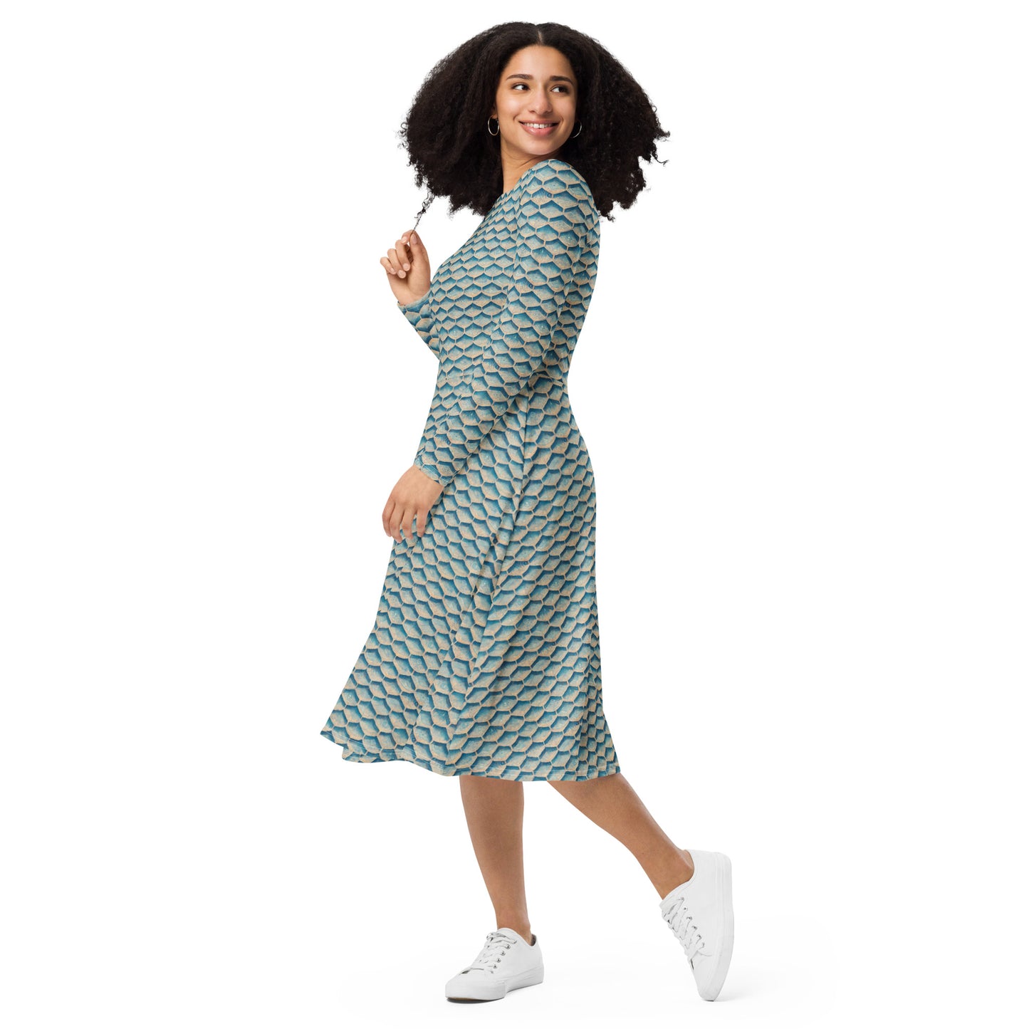 Seafoam Scales long sleeve midi dress