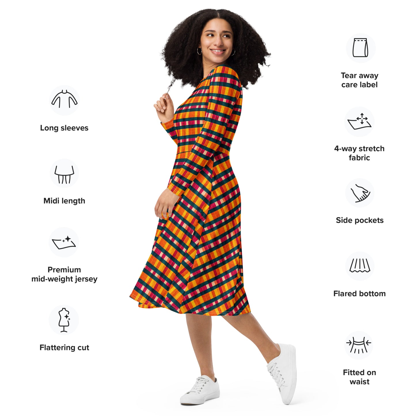 Tropical Fiesta Plaid long sleeve midi dress