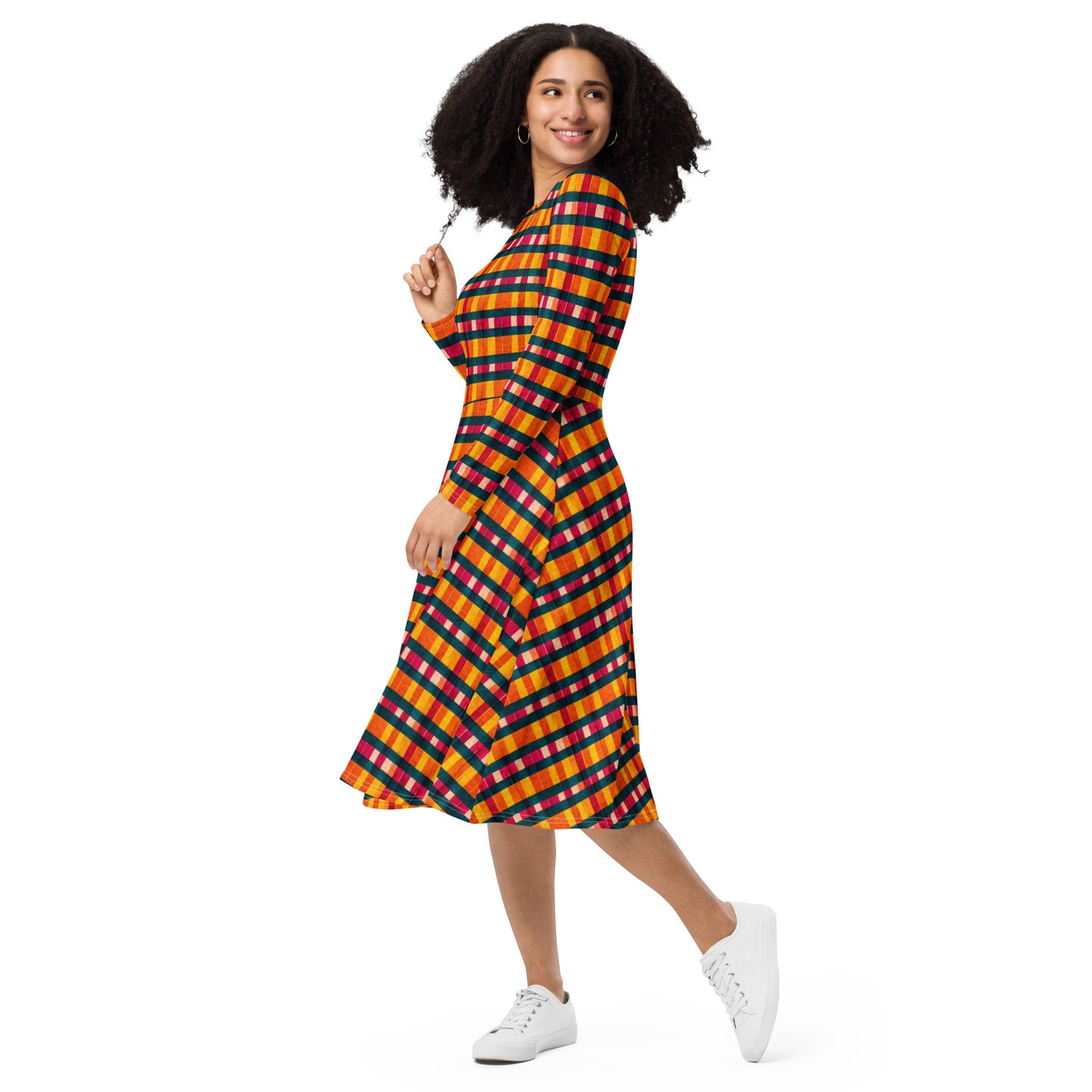 Tropical Fiesta Plaid long sleeve midi dress