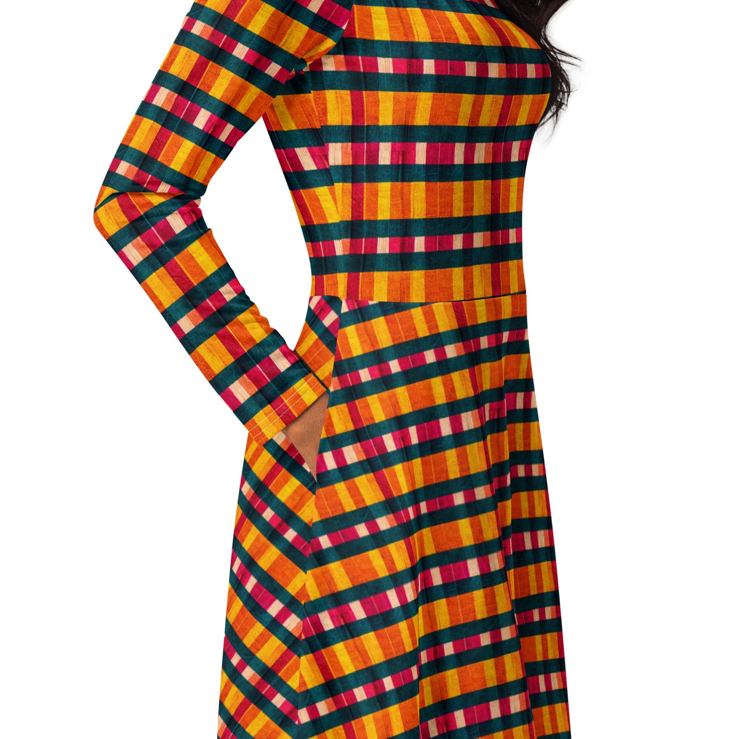 Tropical Fiesta Plaid long sleeve midi dress