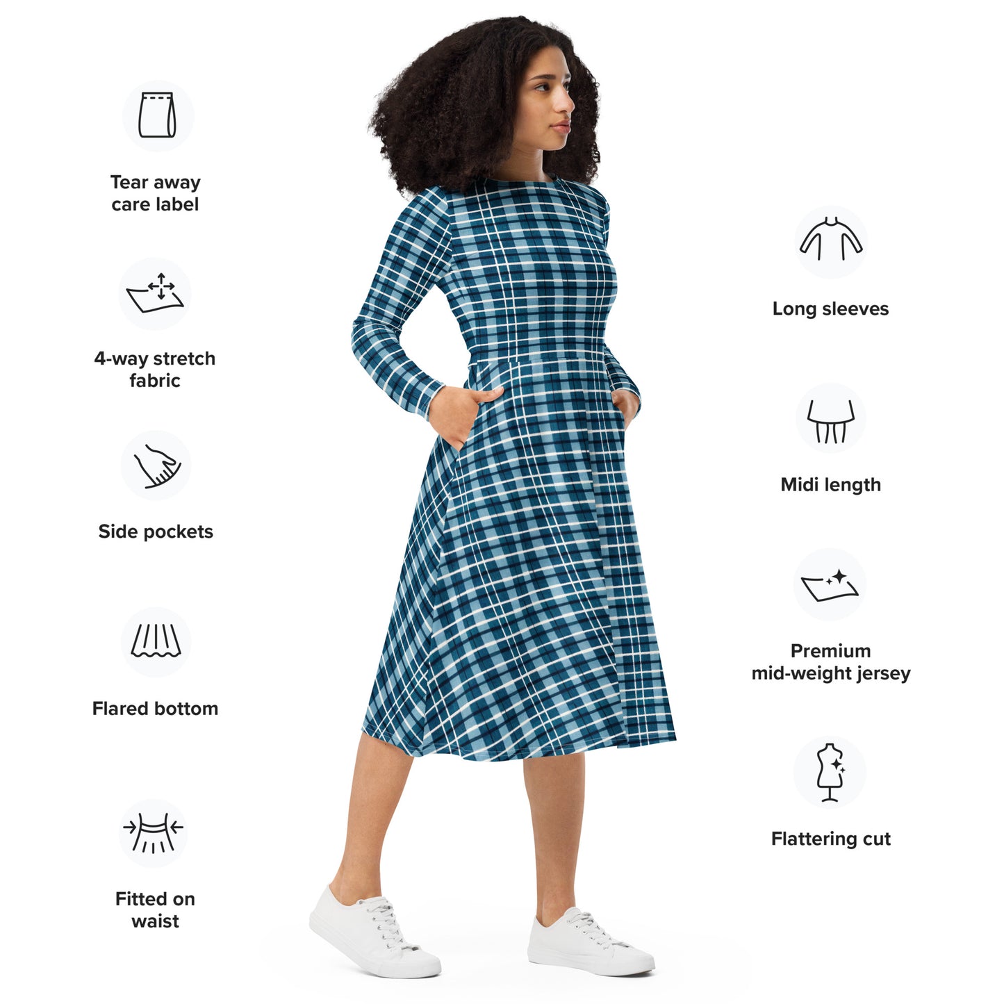 Scotsman’s Skyward Plaid long sleeve midi dress