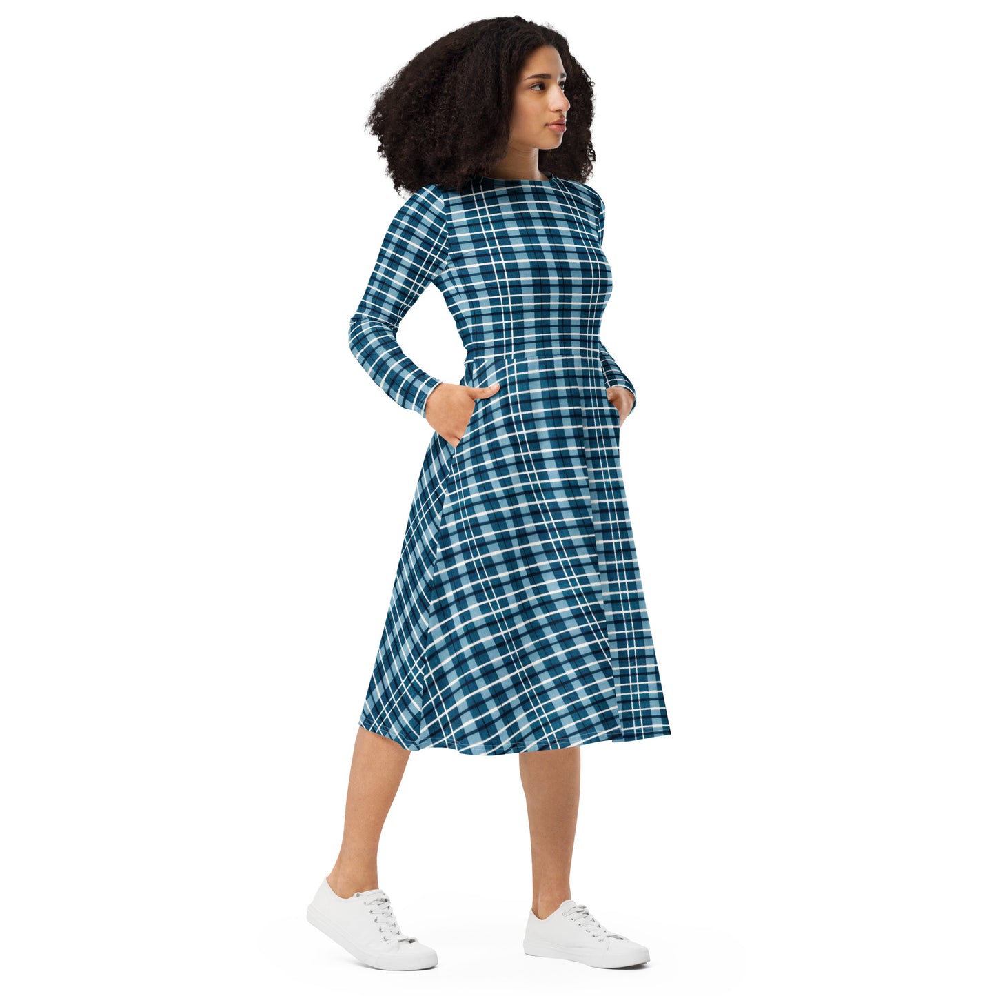 Scotsman’s Skyward Plaid long sleeve midi dress