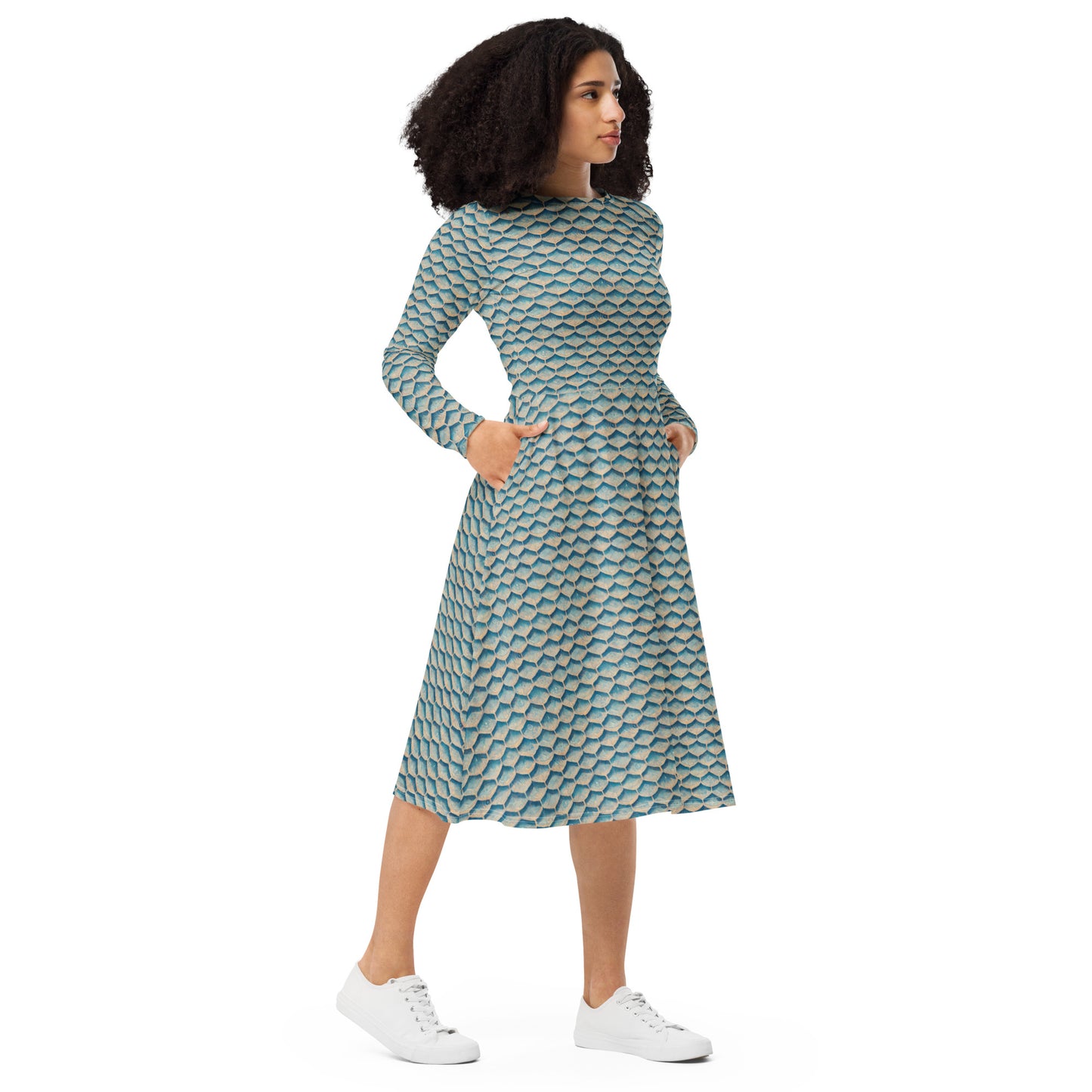 Seafoam Scales long sleeve midi dress