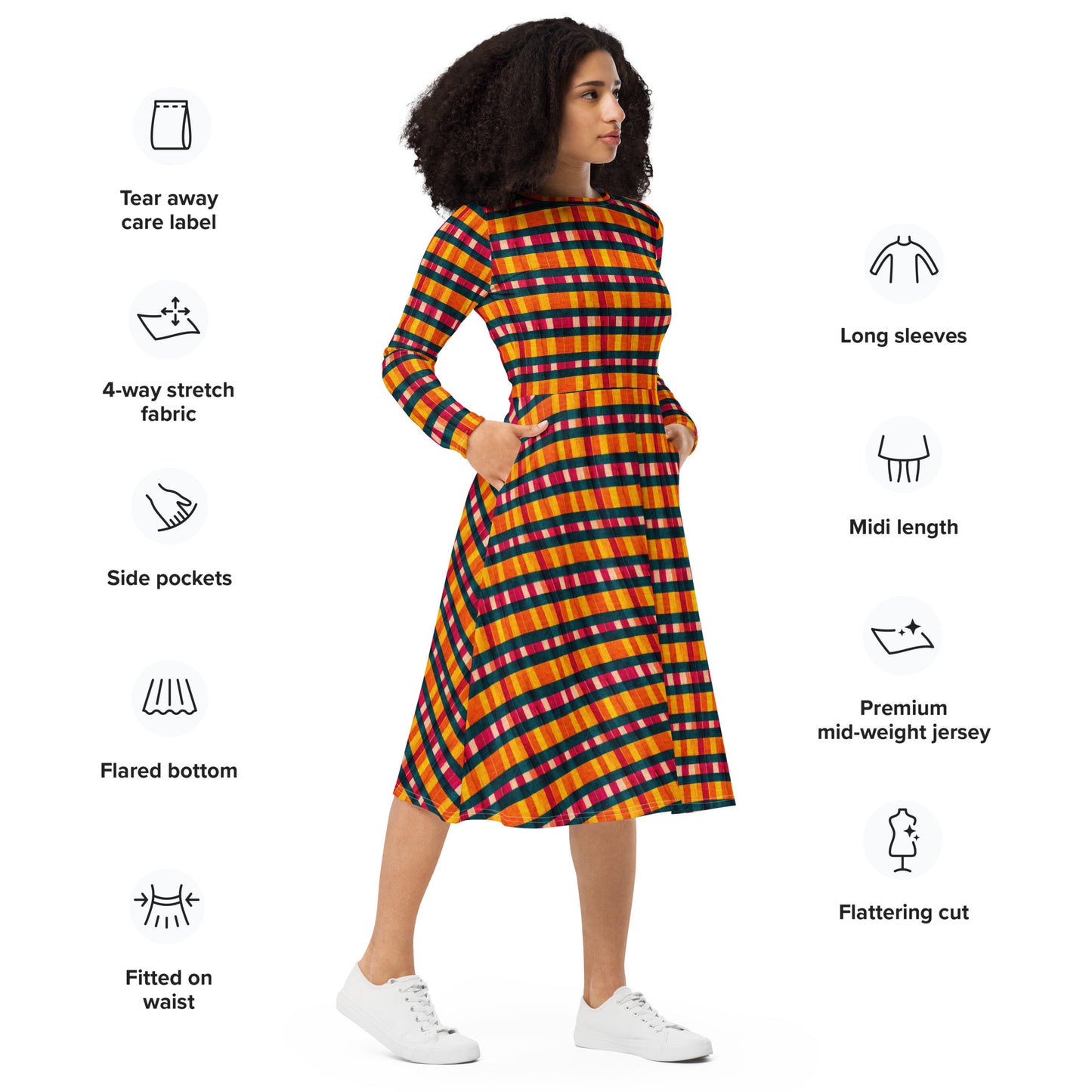 Tropical Fiesta Plaid long sleeve midi dress