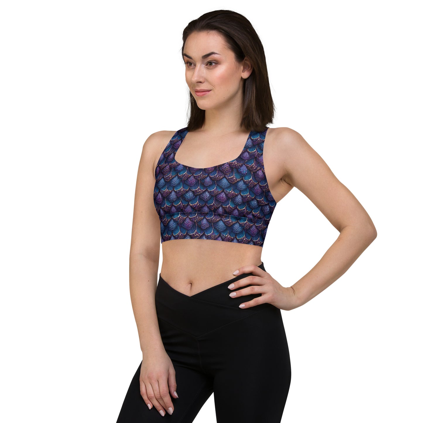 Luminosa, the Radiant Amethyst Drakon Longline sports bra