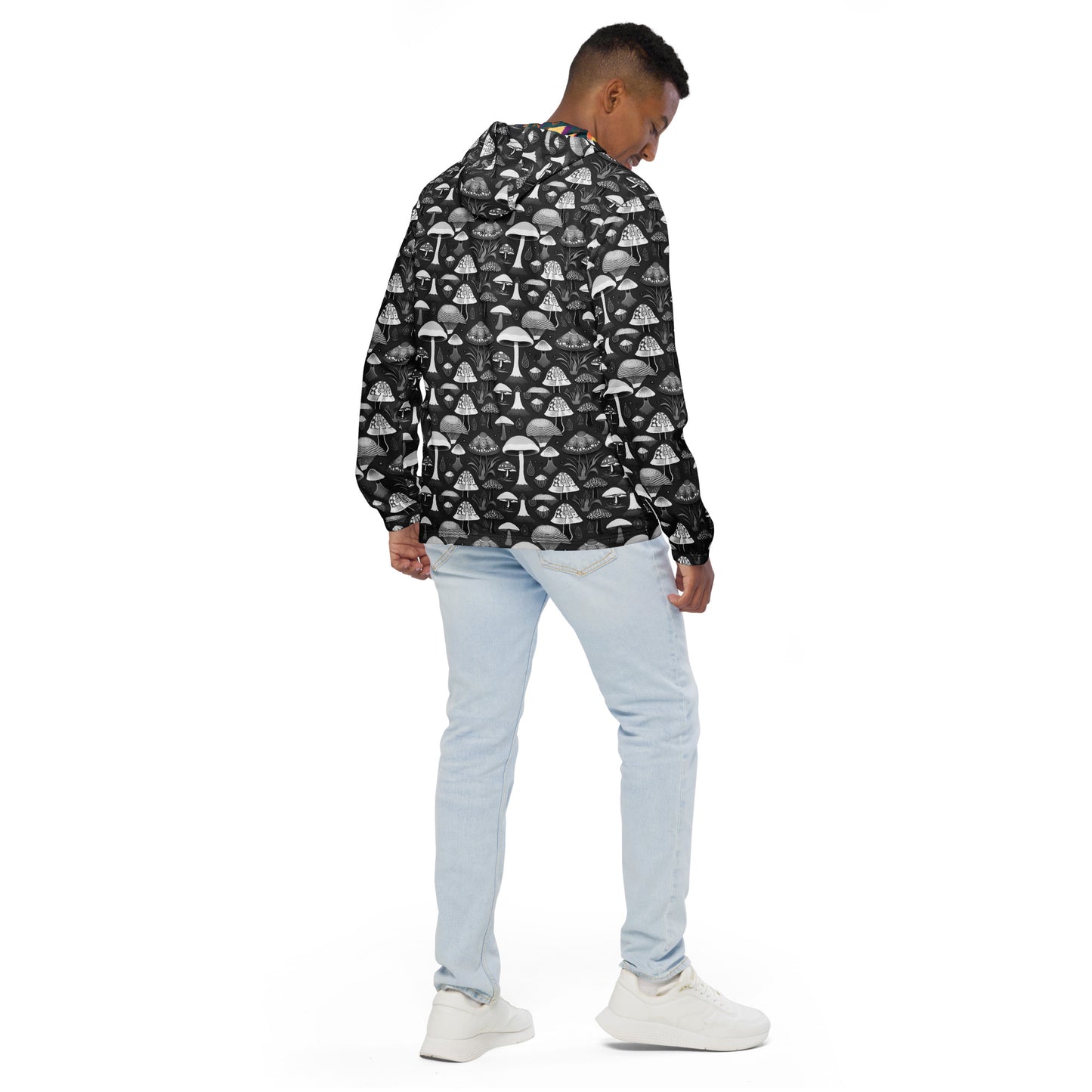 Whimsical Mushrooms in B&W Men’s Windbreaker