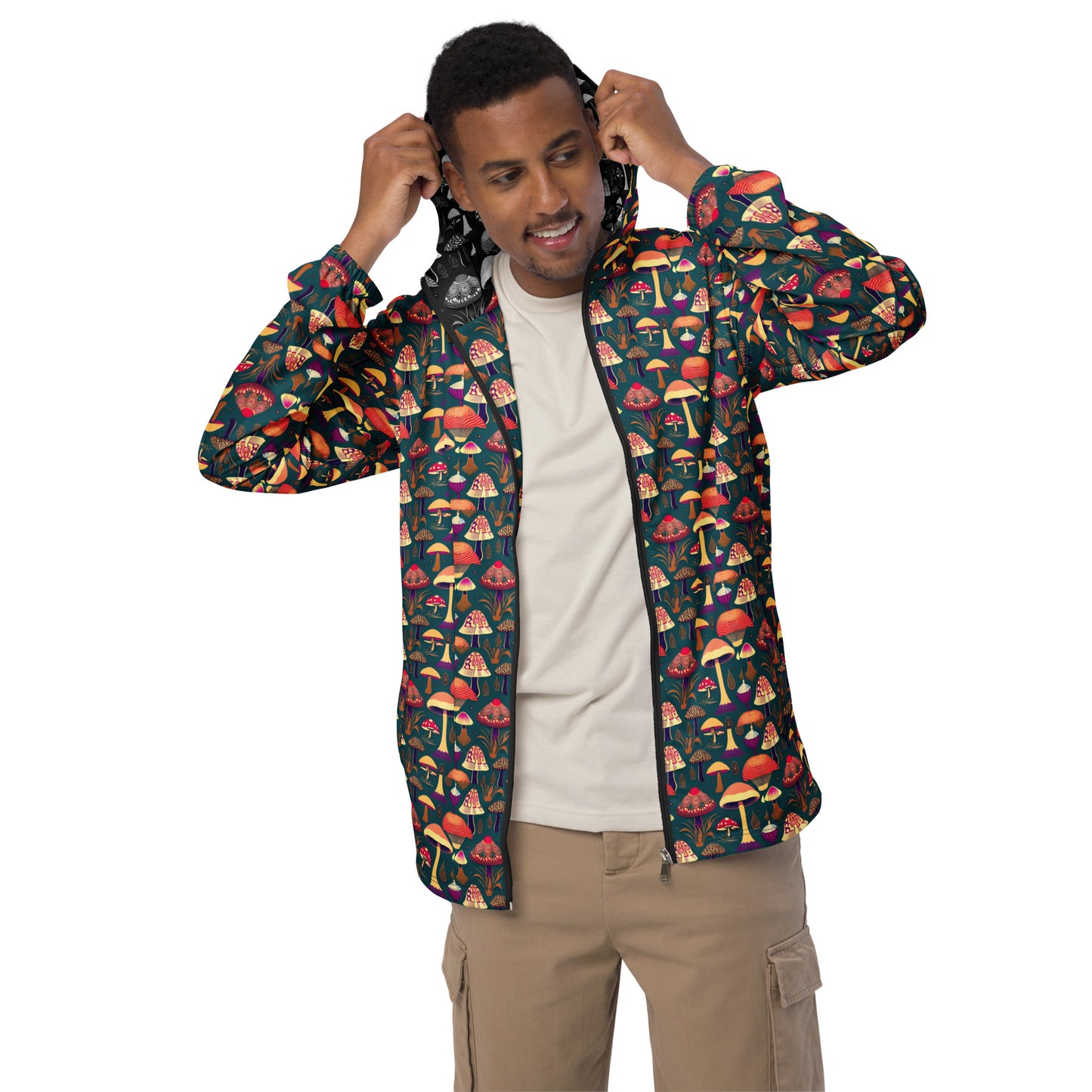 Whimsical Mushrooms on Green Men’s Windbreaker