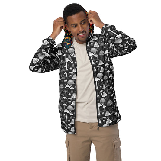 Whimsical Mushrooms in B&W Men’s Windbreaker