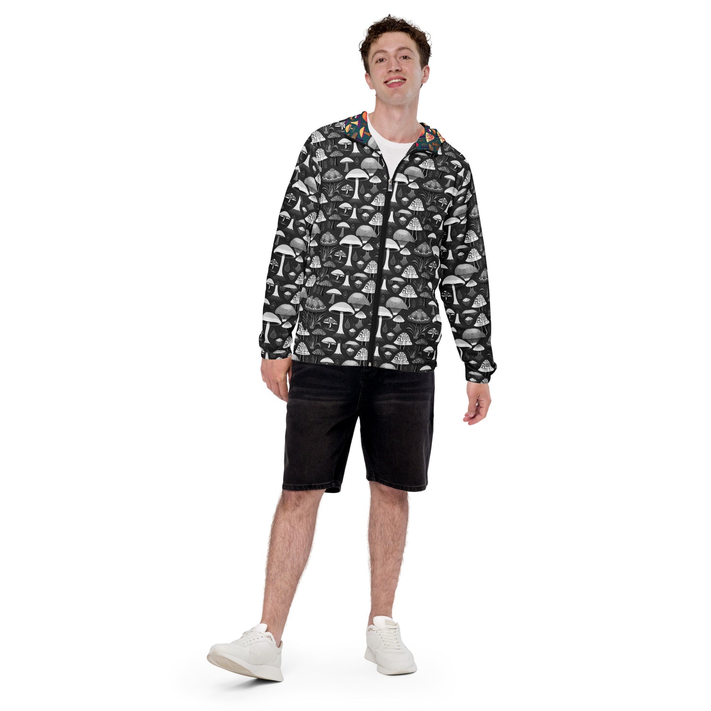 Whimsical Mushrooms in B&W Men’s Windbreaker