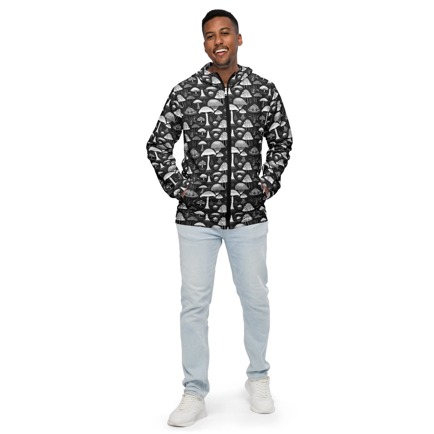 Whimsical Mushrooms in B&W Men’s Windbreaker