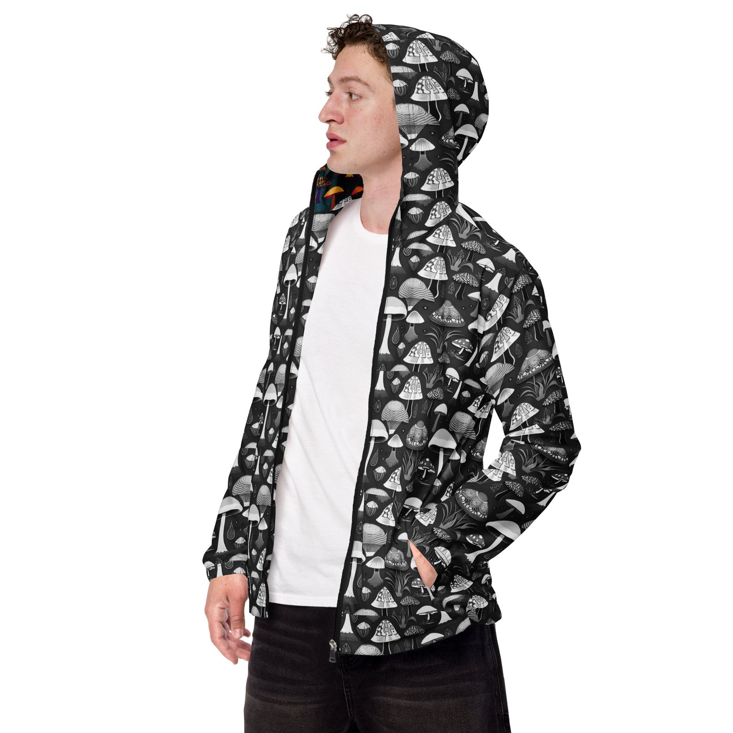 Whimsical Mushrooms in B&W Men’s Windbreaker