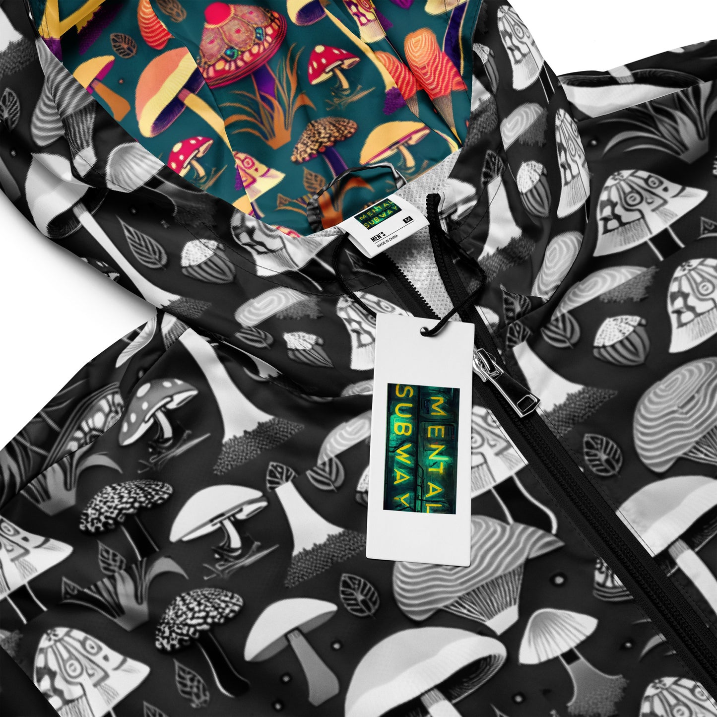 Whimsical Mushrooms in B&W Men’s Windbreaker